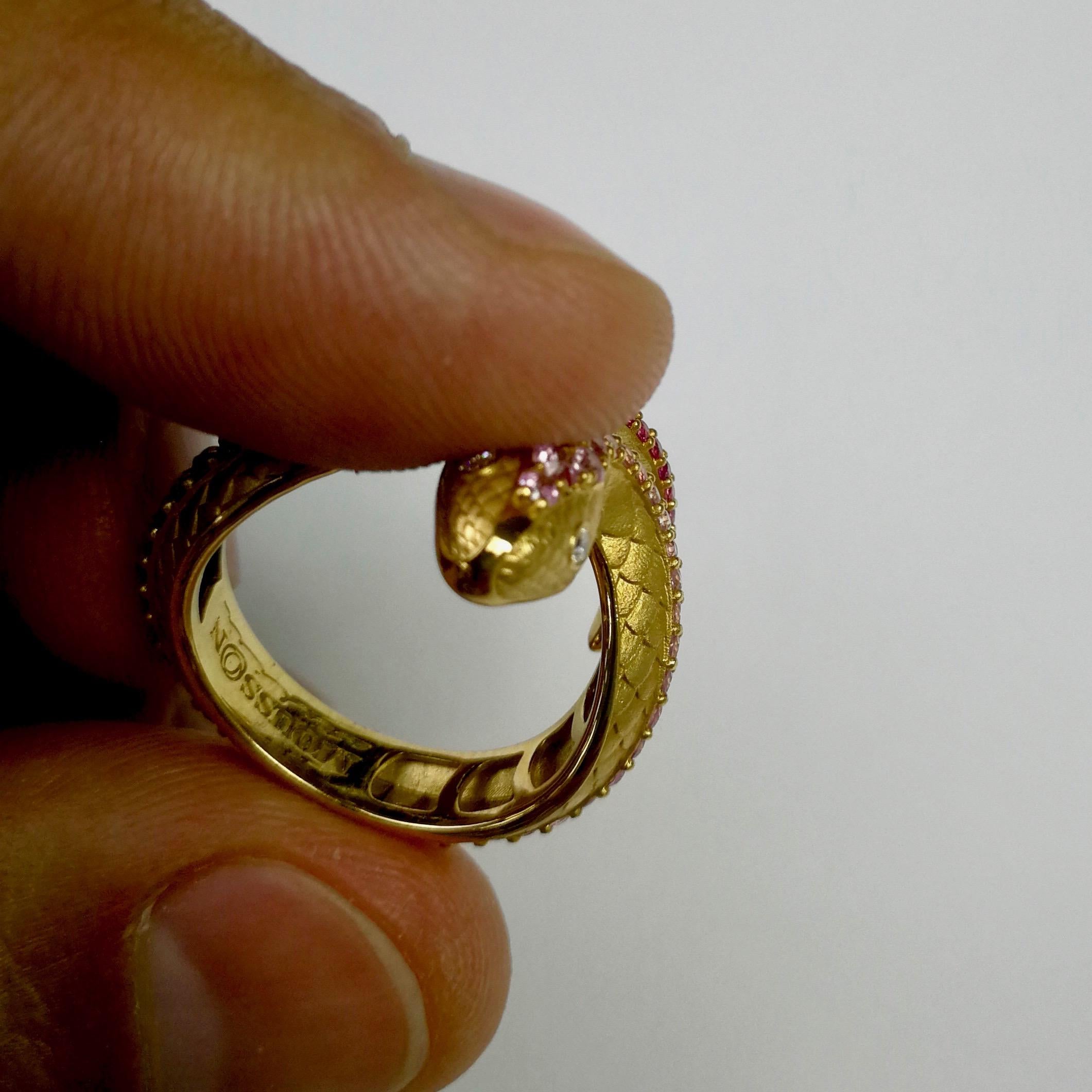 Pink Sapphire Diamonds 18 Karat Yellow Gold Snake Ring 3
