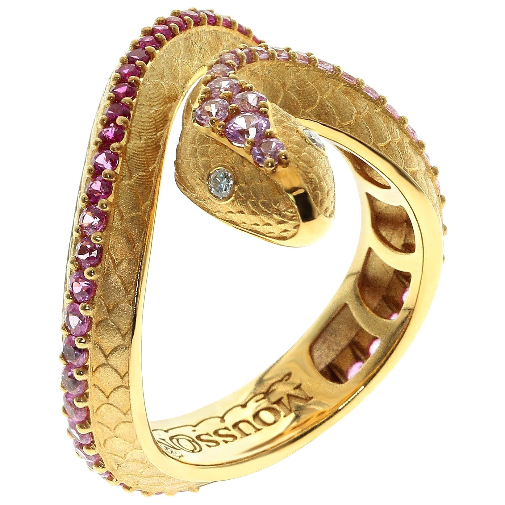 Pink Sapphire Diamonds 18 Karat Yellow Gold Snake Ring