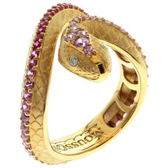 Bague serpent en or jaune 18 carats avec saphir rose et diamants