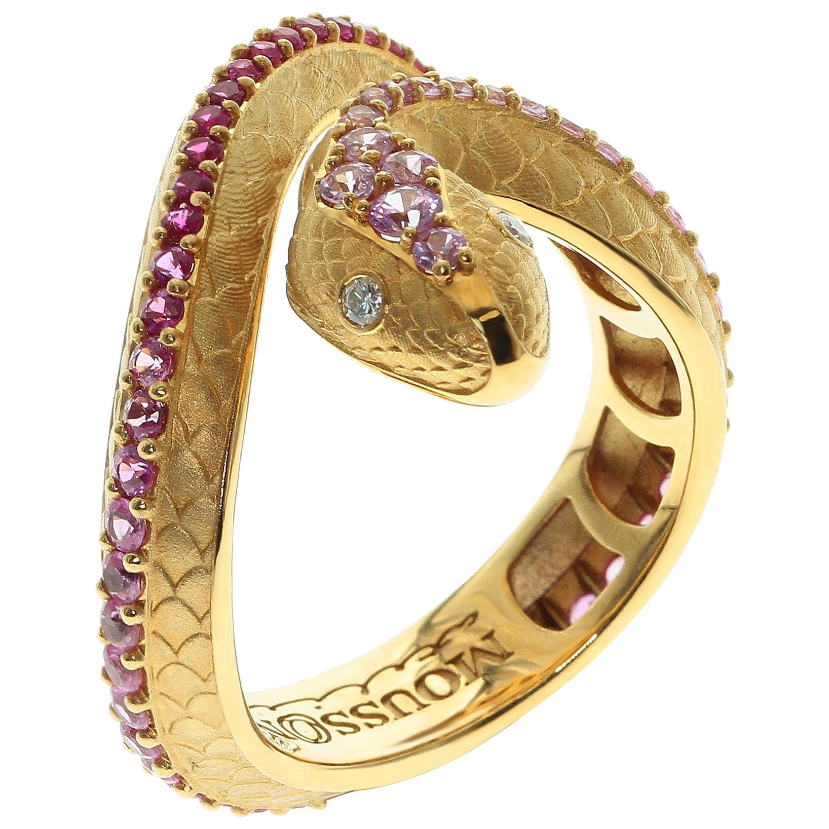 Pink Sapphire Diamonds 18 Karat Yellow Gold Snake Ring