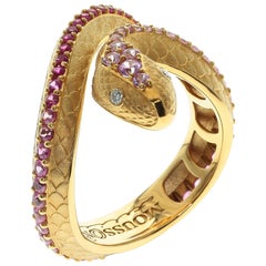 Pink Sapphire Diamonds 18 Karat Yellow Gold Snake Ring