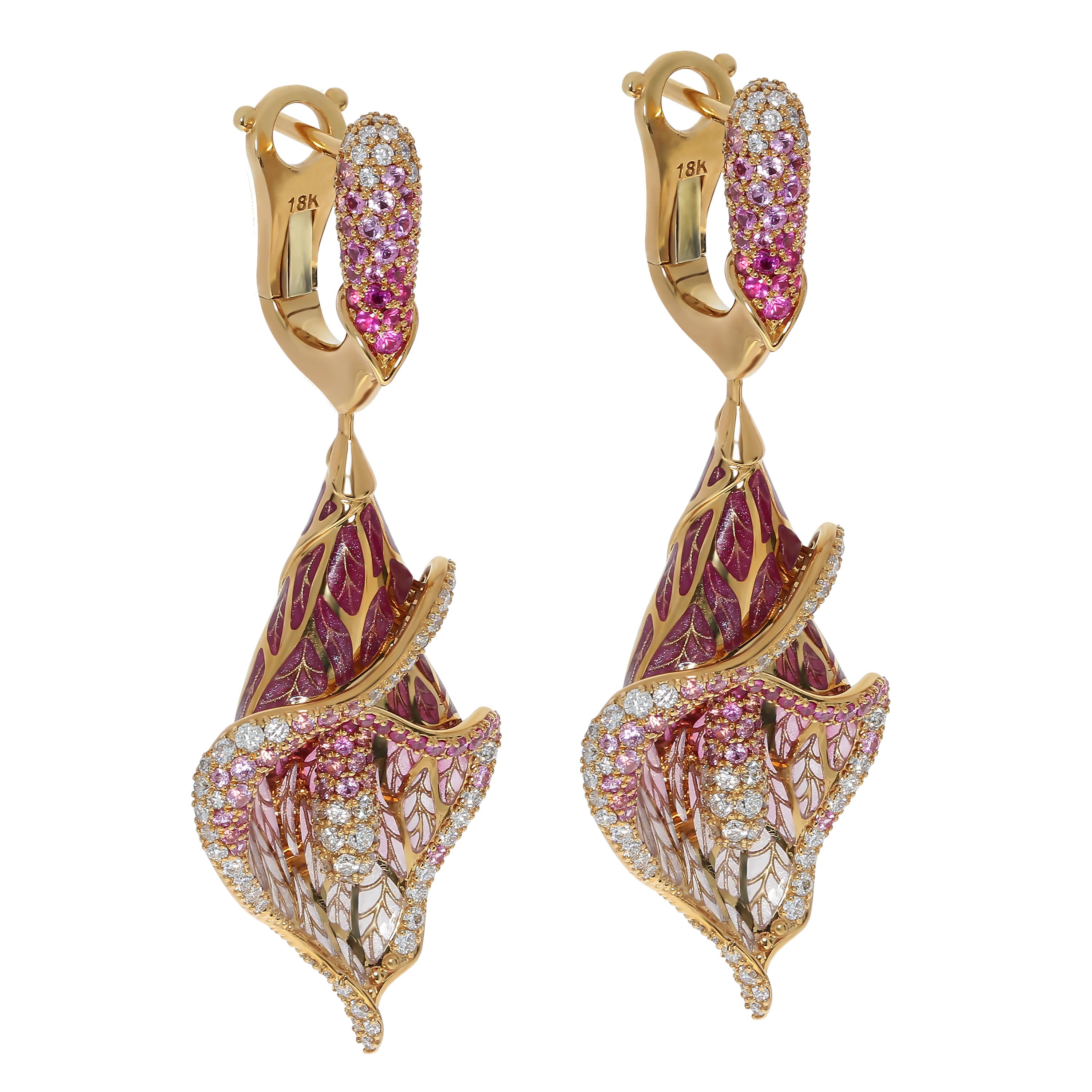 Pink Sapphire Diamonds Colored Enamel 18 Karat Yellow Gold Calla Lilly Earrings
There is a legend that one girl wanted to marry the cruel leader of the tribe, she decided to throw herself into the fire from misfortune, but the gods saved her and