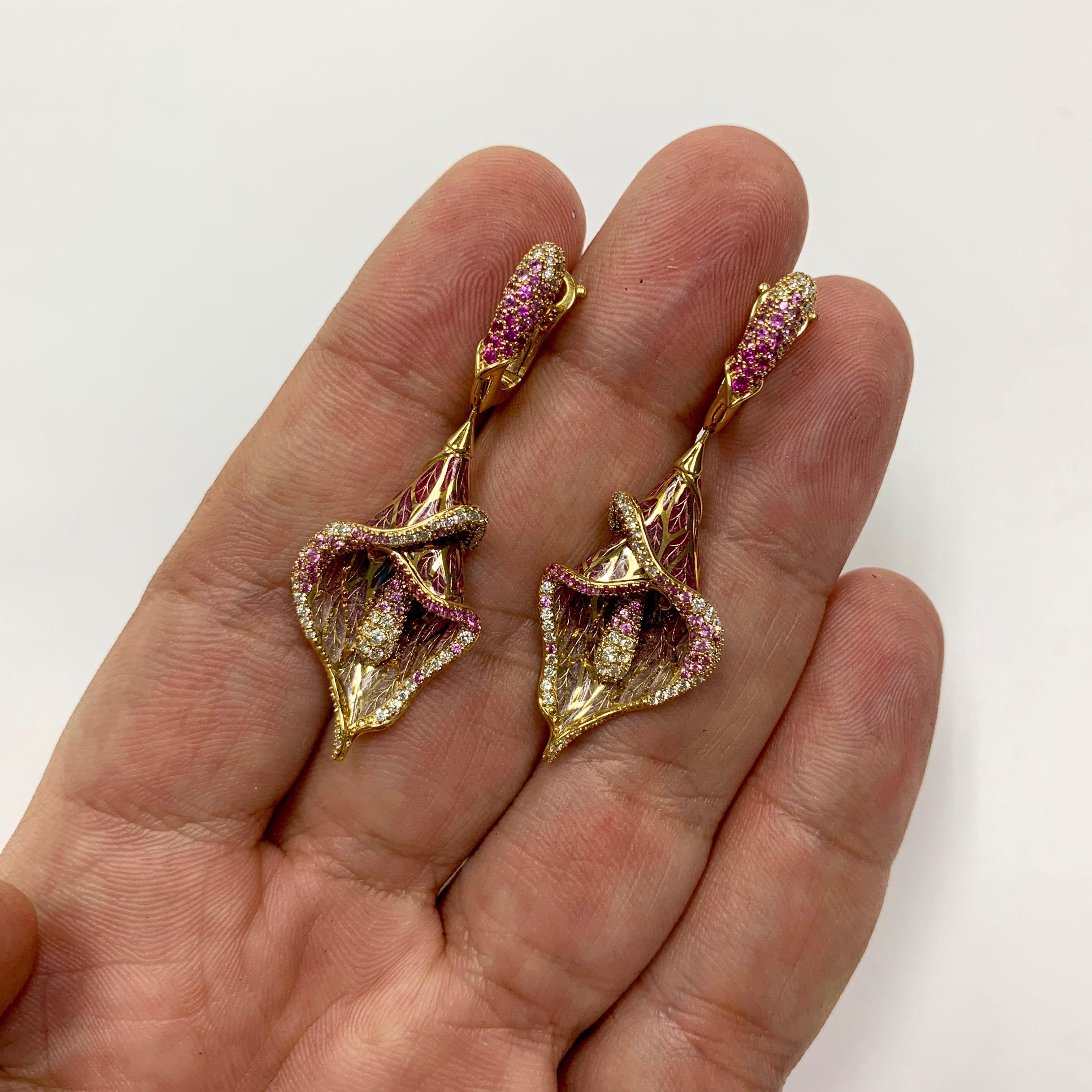 Round Cut Pink Sapphire Diamonds Colored Enamel 18 Karat Yellow Gold Earrings For Sale