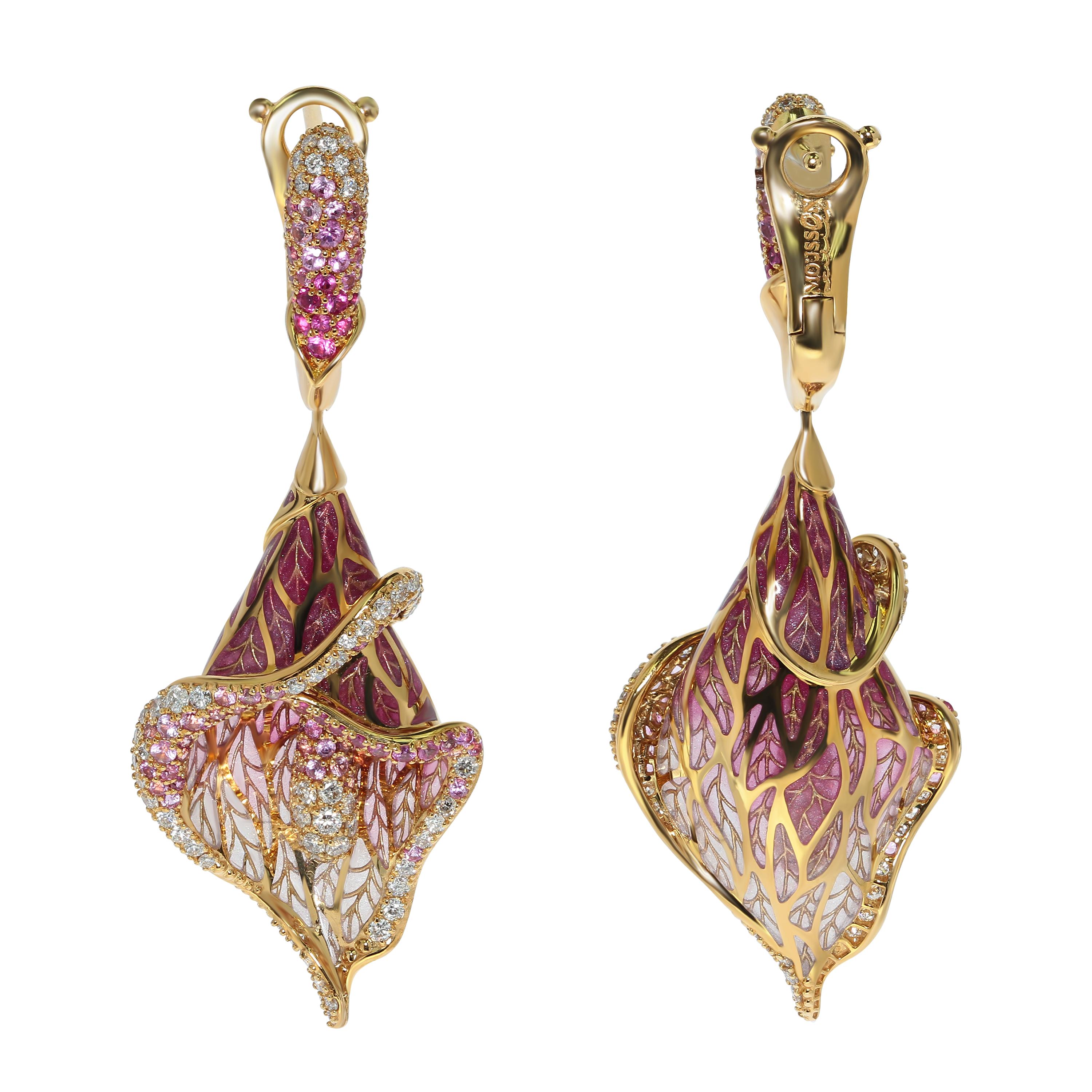 Contemporary Pink Sapphire Diamonds Colored Enamel 18 Karat Yellow Gold Earrings For Sale