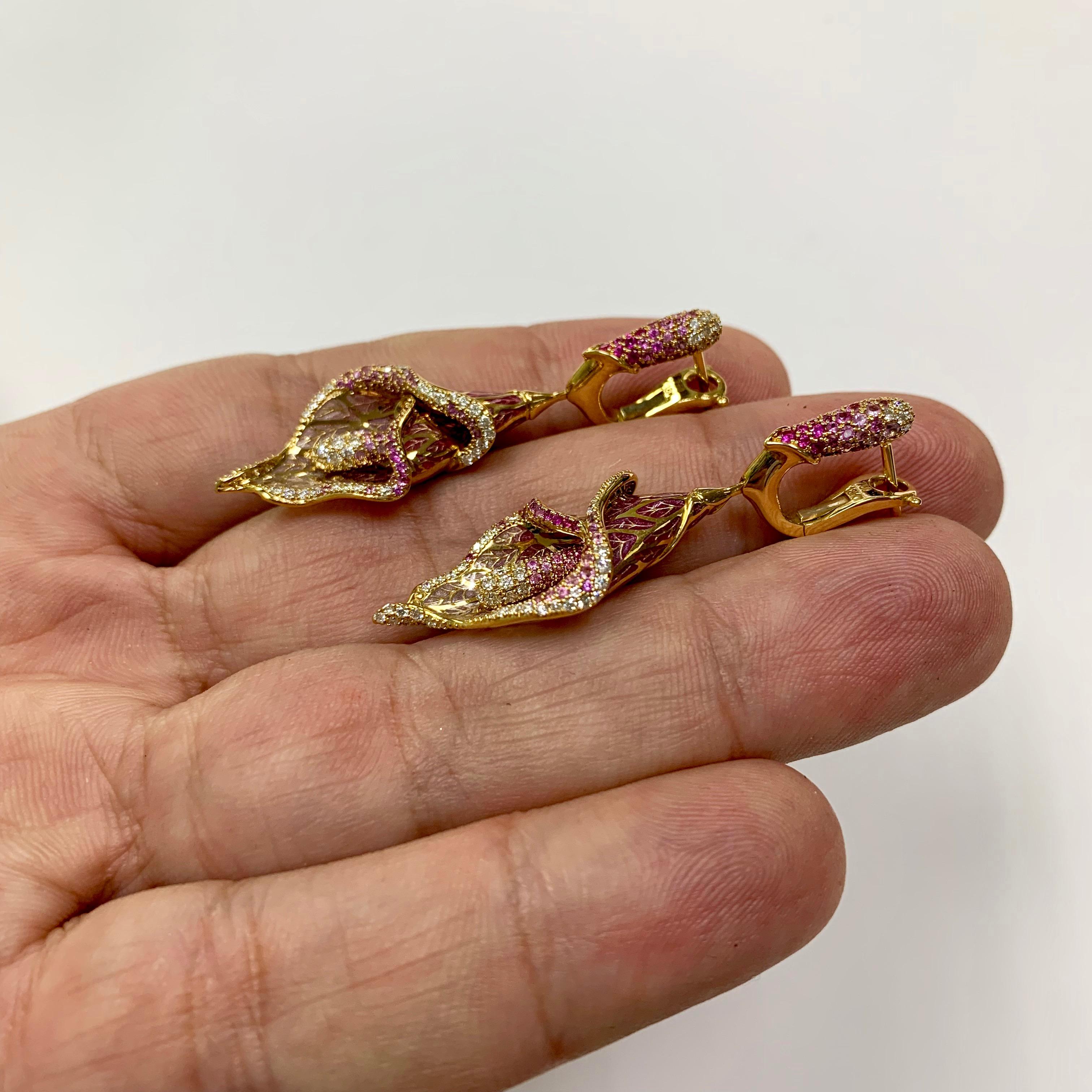 Women's Pink Sapphire Diamonds Colored Enamel 18 Karat Yellow Gold Earrings For Sale