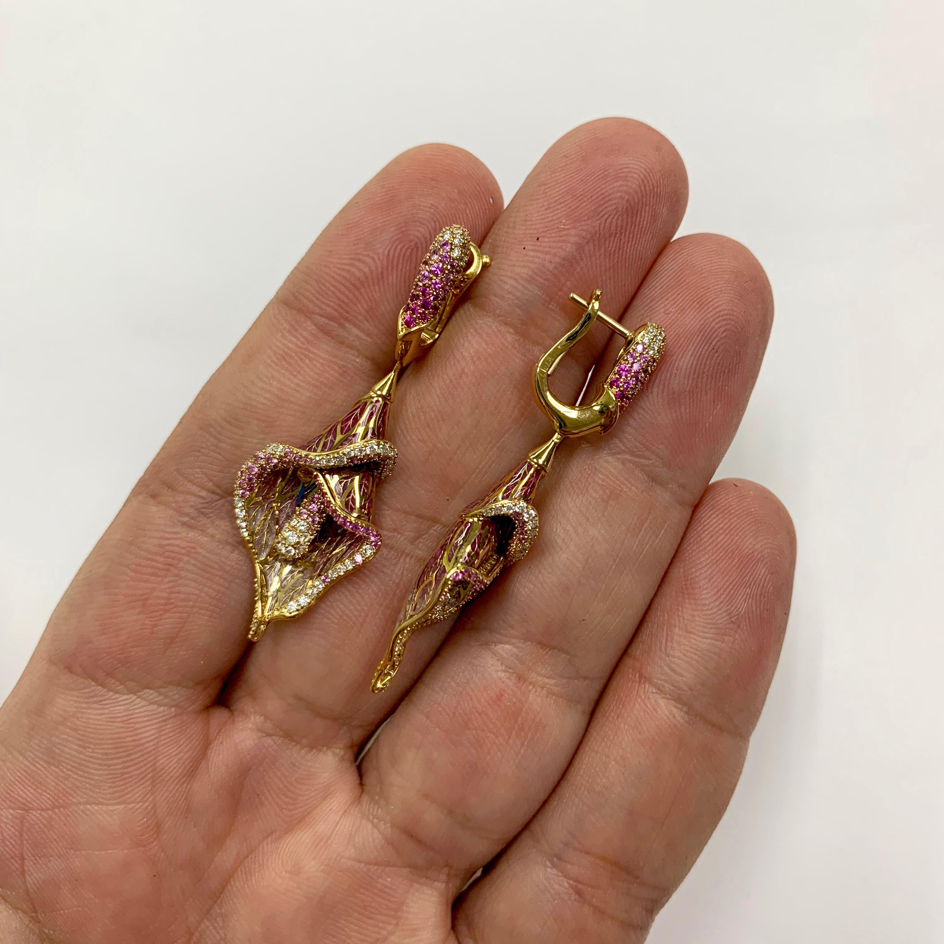 Pink Sapphire Diamonds Colored Enamel 18 Karat Yellow Gold Earrings For Sale 1