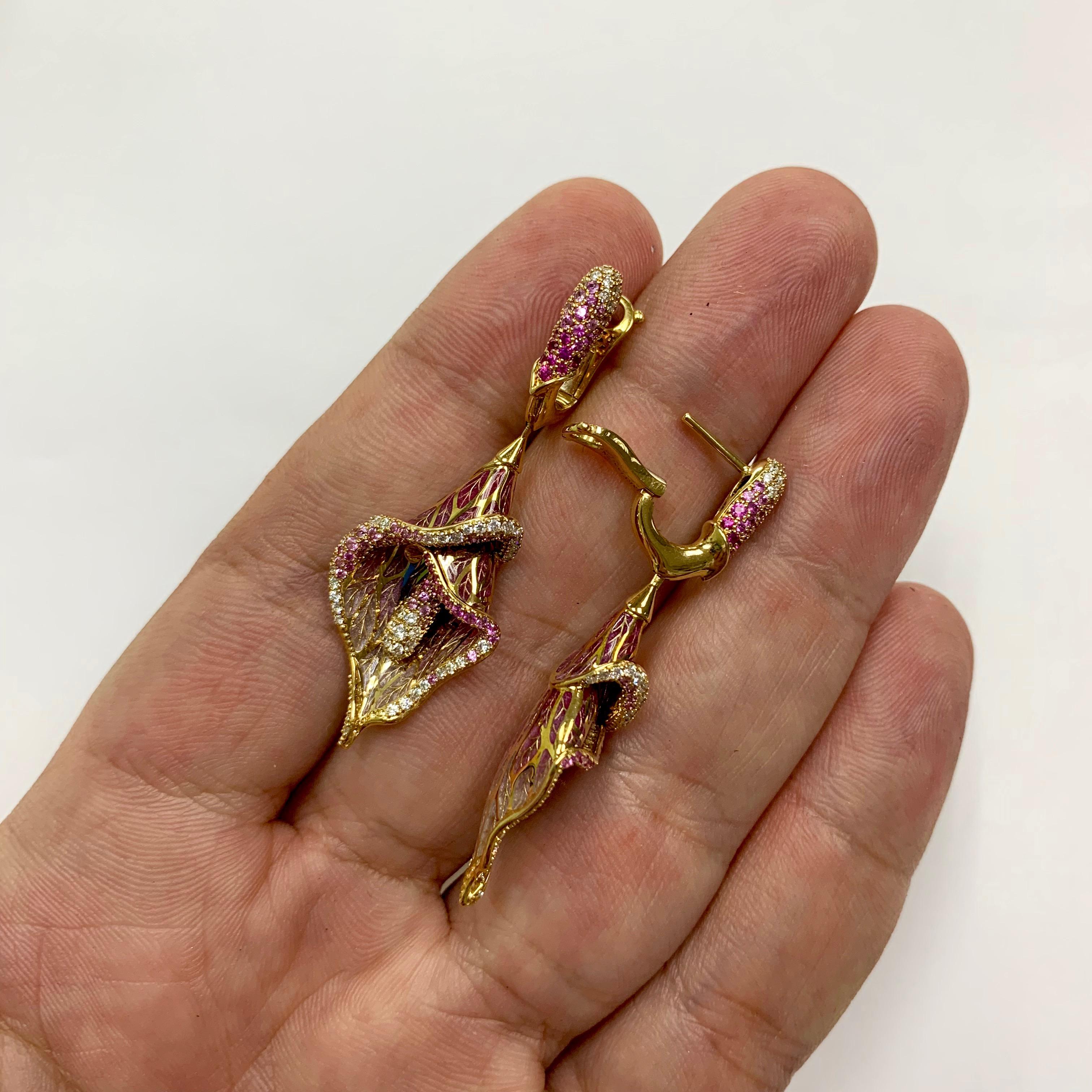 Pink Sapphire Diamonds Colored Enamel 18 Karat Yellow Gold Earrings For Sale 2