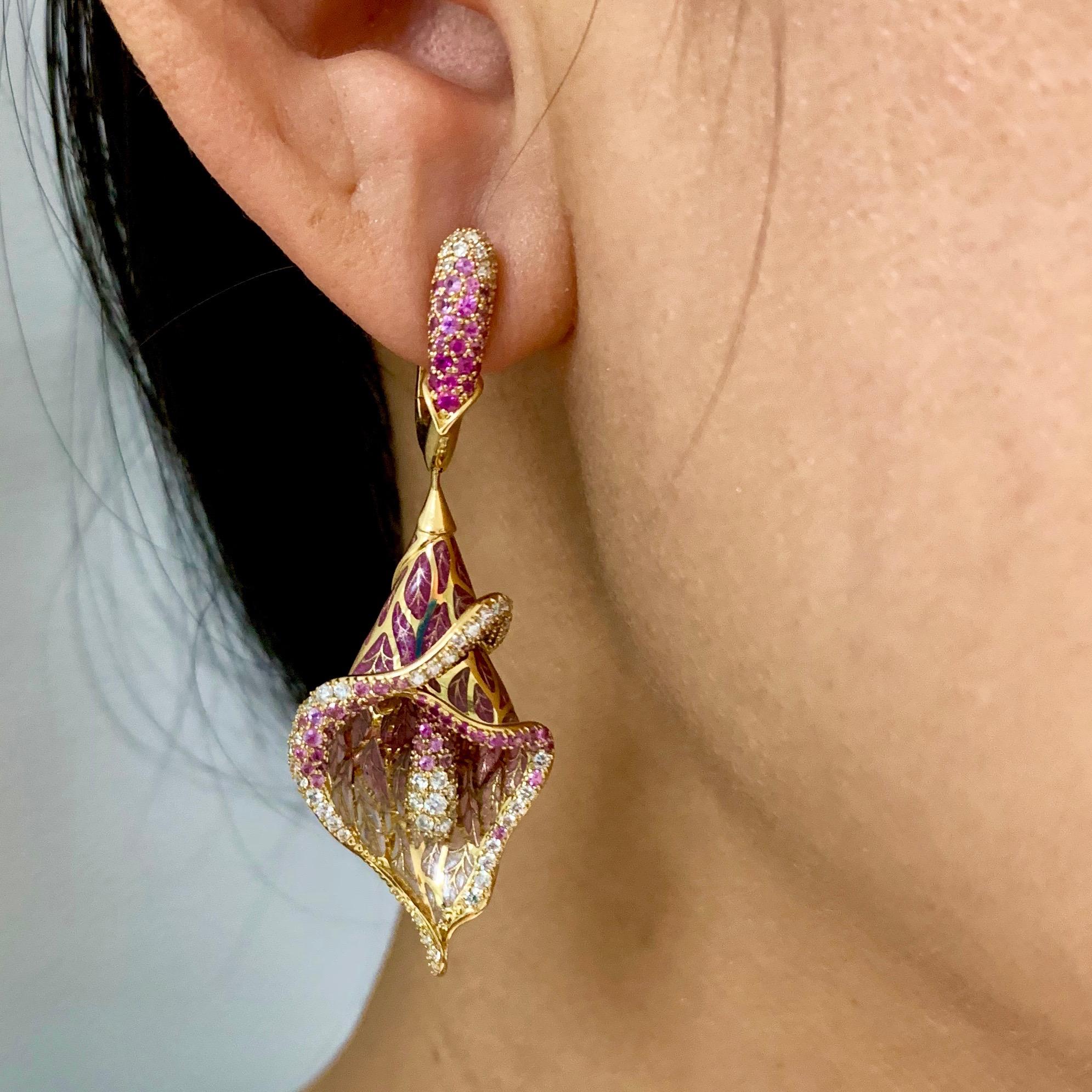 Pink Sapphire Diamonds Colored Enamel 18 Karat Yellow Gold Earrings For Sale 4