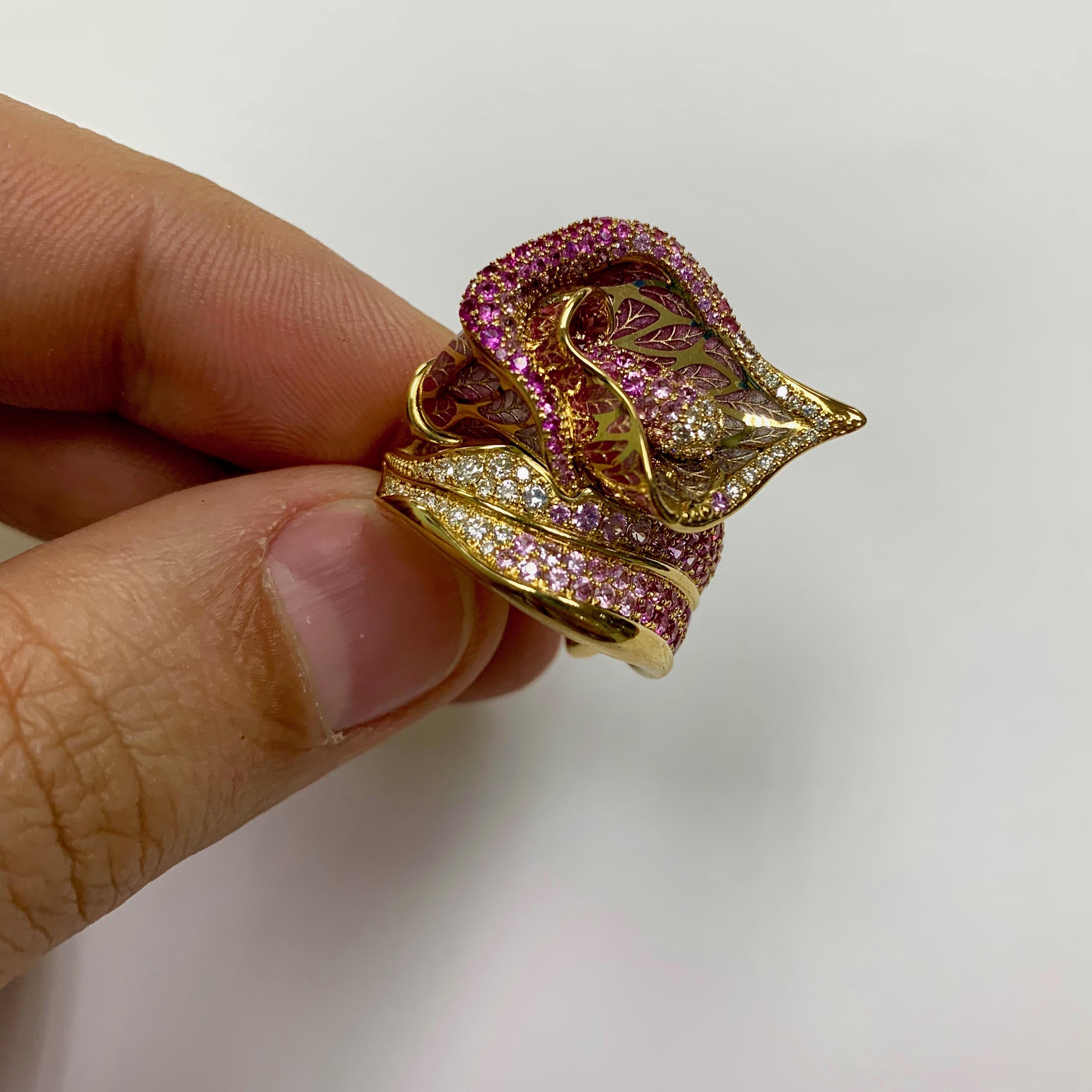 Pink Sapphire Diamonds Colored Enamel 18 Karat Yellow Gold Ring 3