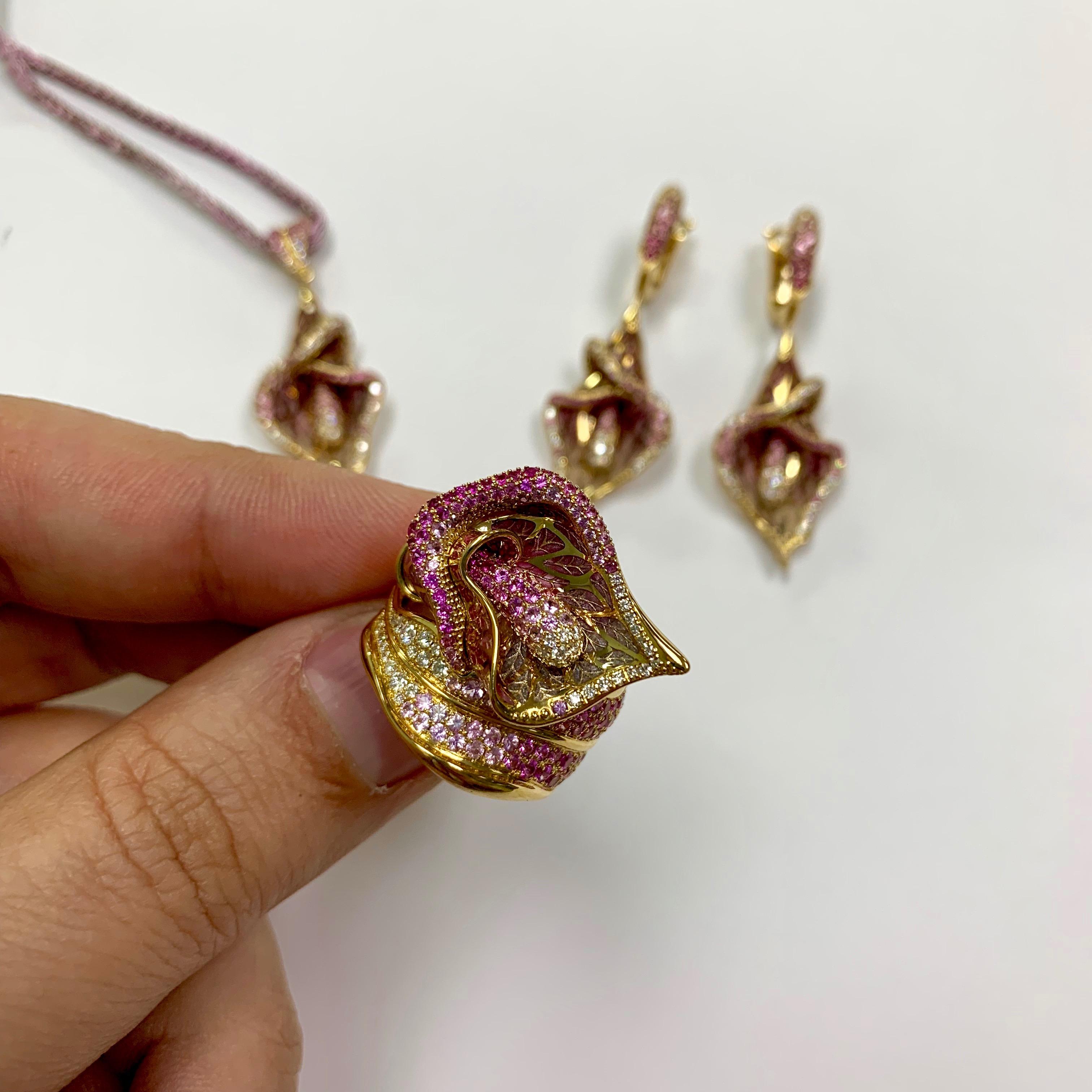 Pink Sapphire Diamonds Colored Enamel 18 Karat Yellow Gold Ring 4
