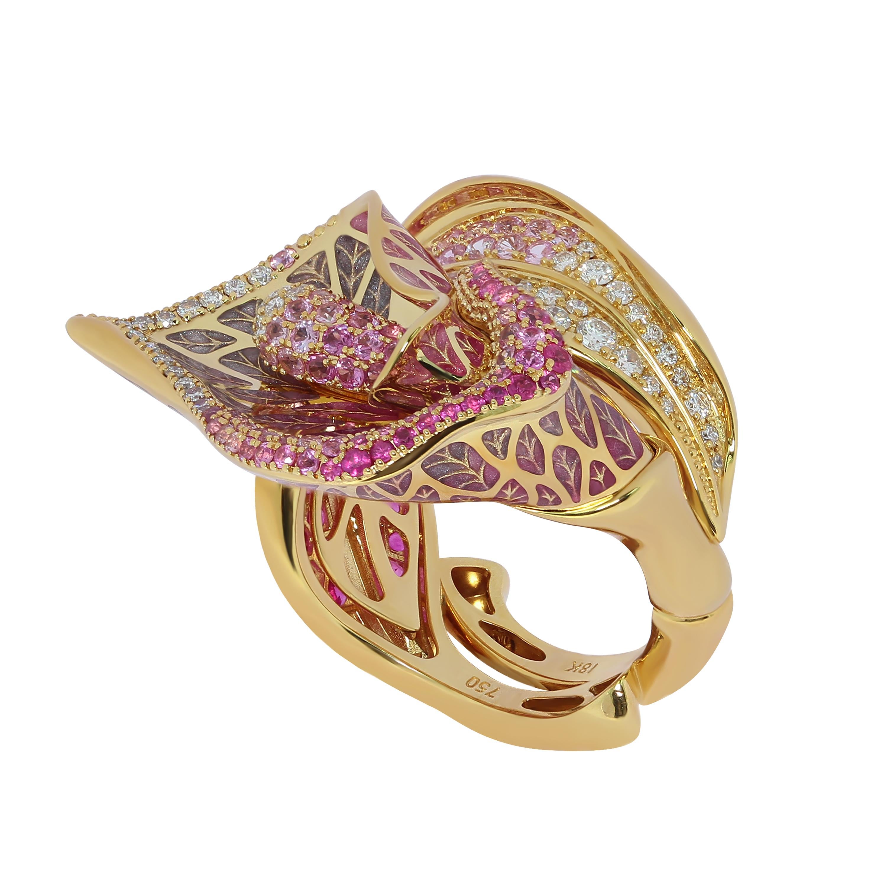 Pink Sapphire Diamonds Colored Enamel 18 Karat Yellow Gold Calla Lilly Ring
There is a legend that one girl wanted to marry the cruel leader of the tribe, she decided to throw herself into the fire from misfortune, but the gods saved her and turned