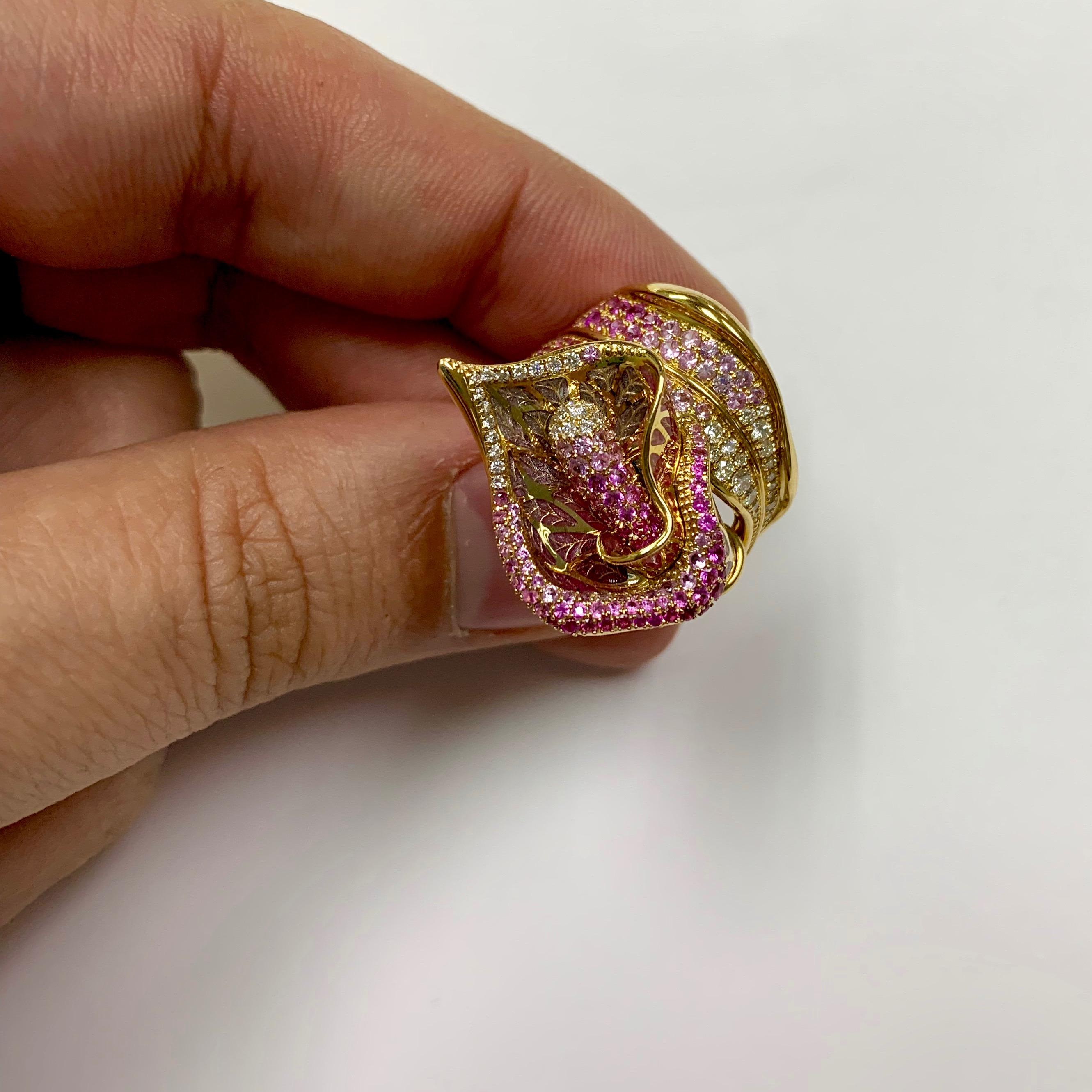 Round Cut Pink Sapphire Diamonds Colored Enamel 18 Karat Yellow Gold Ring