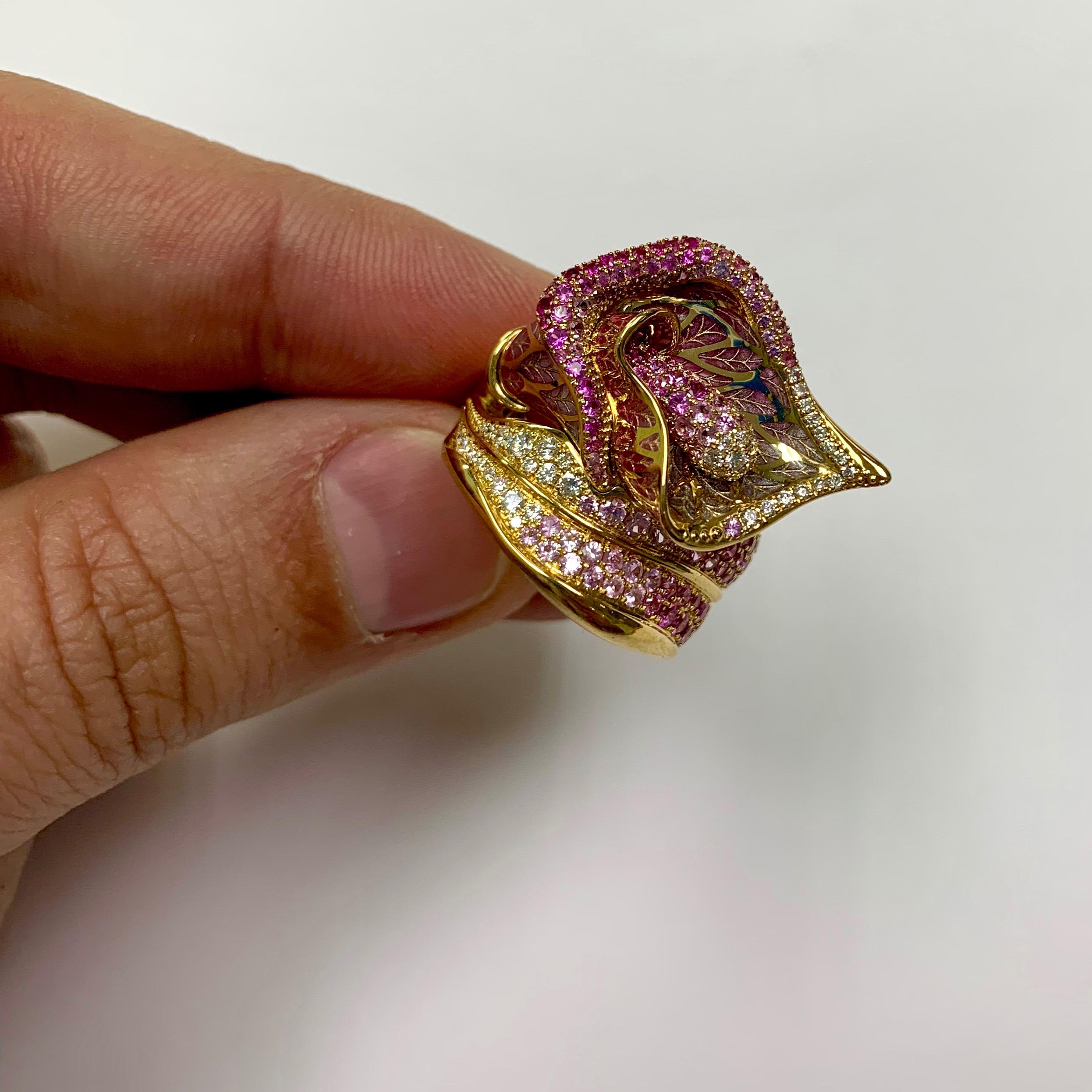 Pink Sapphire Diamonds Colored Enamel 18 Karat Yellow Gold Ring 2