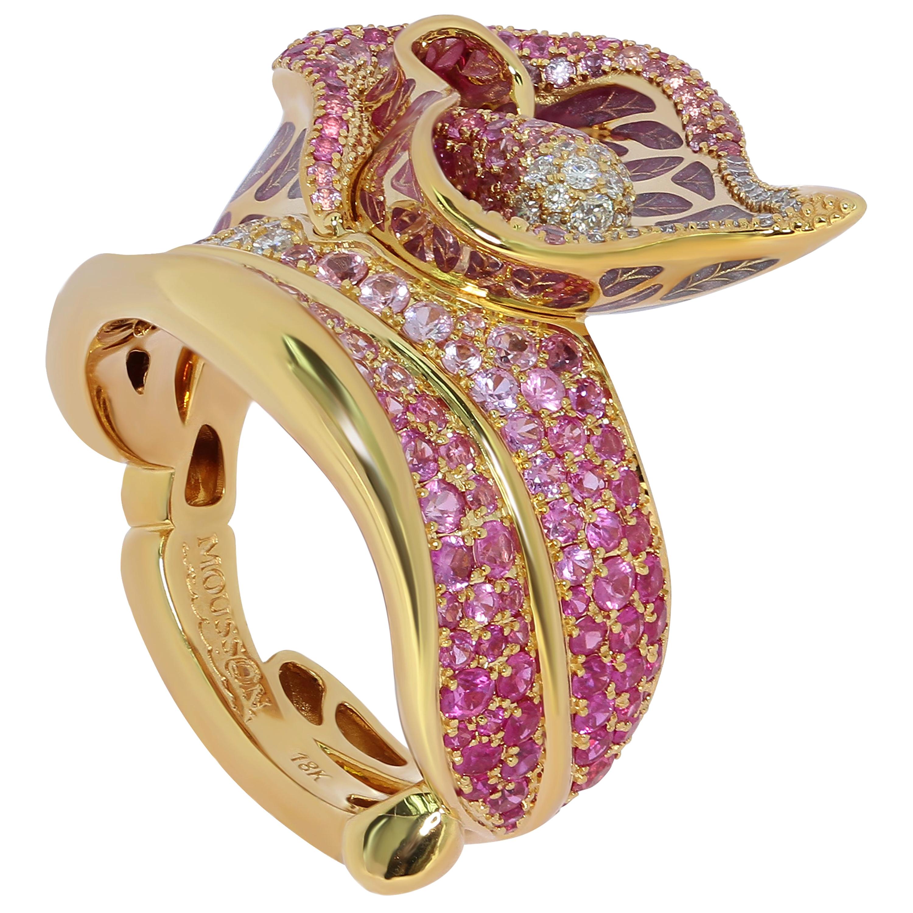 Pink Sapphire Diamonds Colored Enamel 18 Karat Yellow Gold Ring
