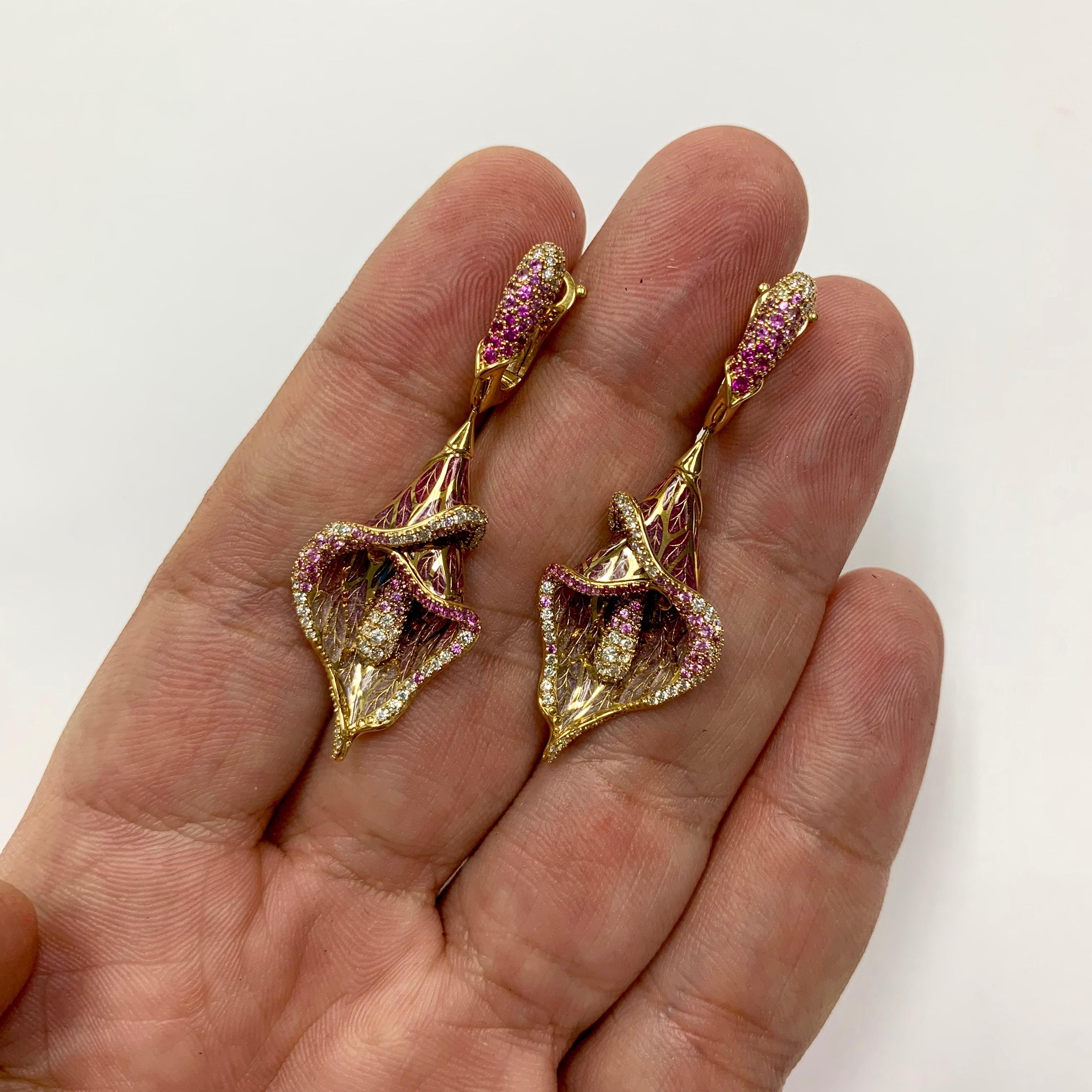 Pink Sapphire Diamonds Colored Enamel 18 Karat Yellow Gold Suite For Sale 5
