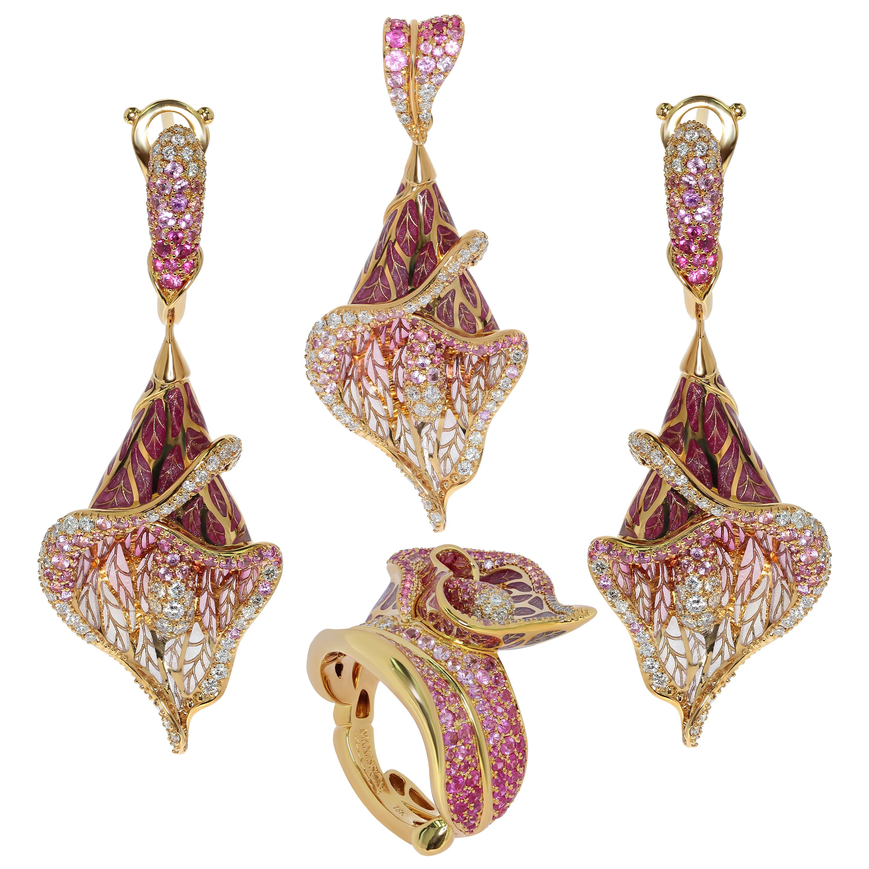 Suite aus 18 Karat Gelbgold mit rosa Saphiren und Diamanten aus farbiger Emaille im Angebot