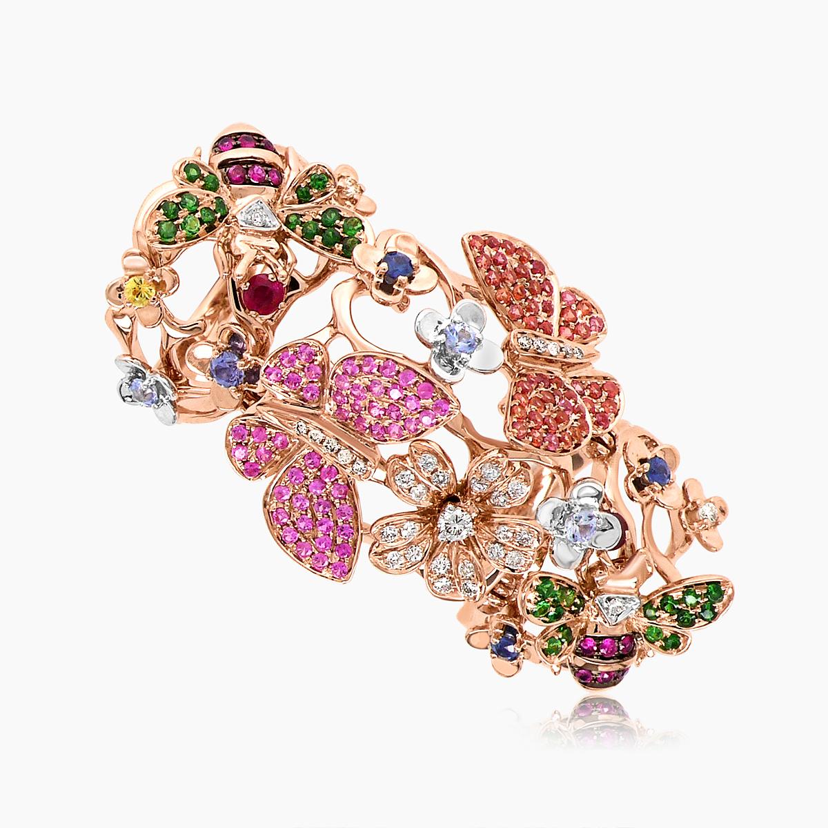 Bague en or rose 18 carats saphir rose et diamants pierres précieuses papillon fleur douce Neuf - En vente à Oakton, VA