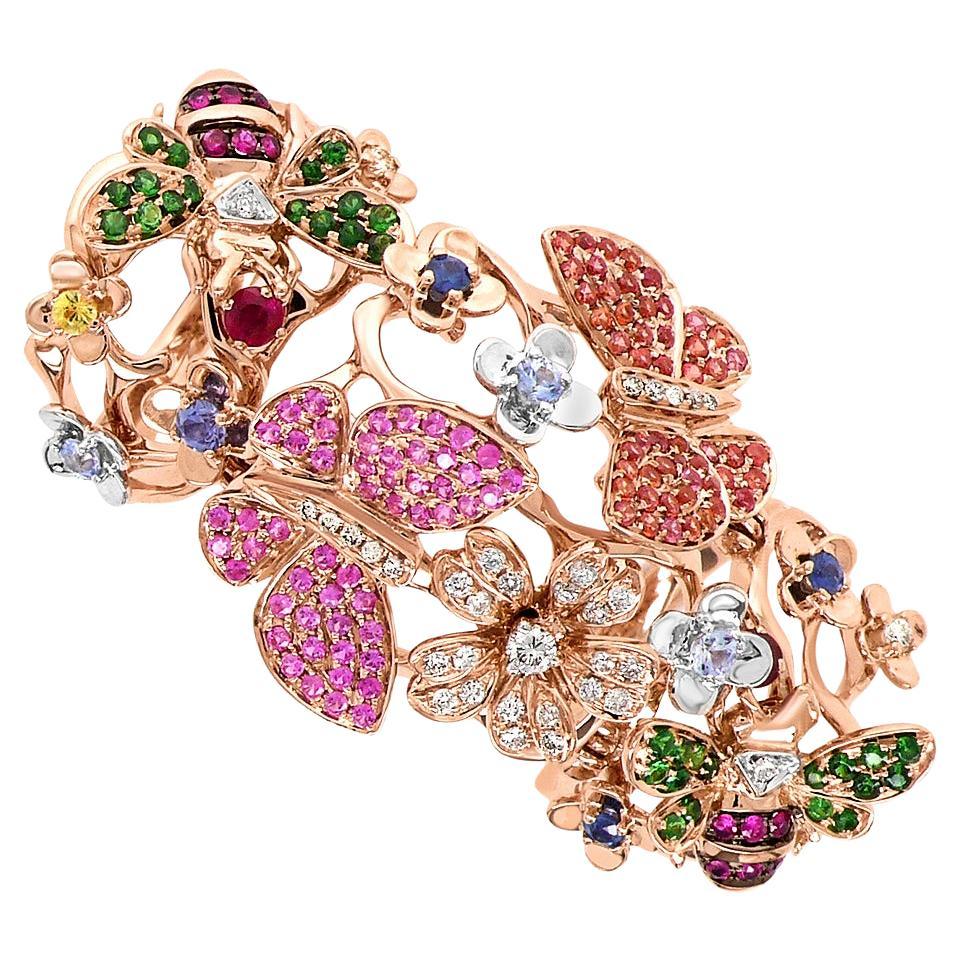 Bague en or rose 18 carats saphir rose et diamants pierres précieuses papillon fleur douce