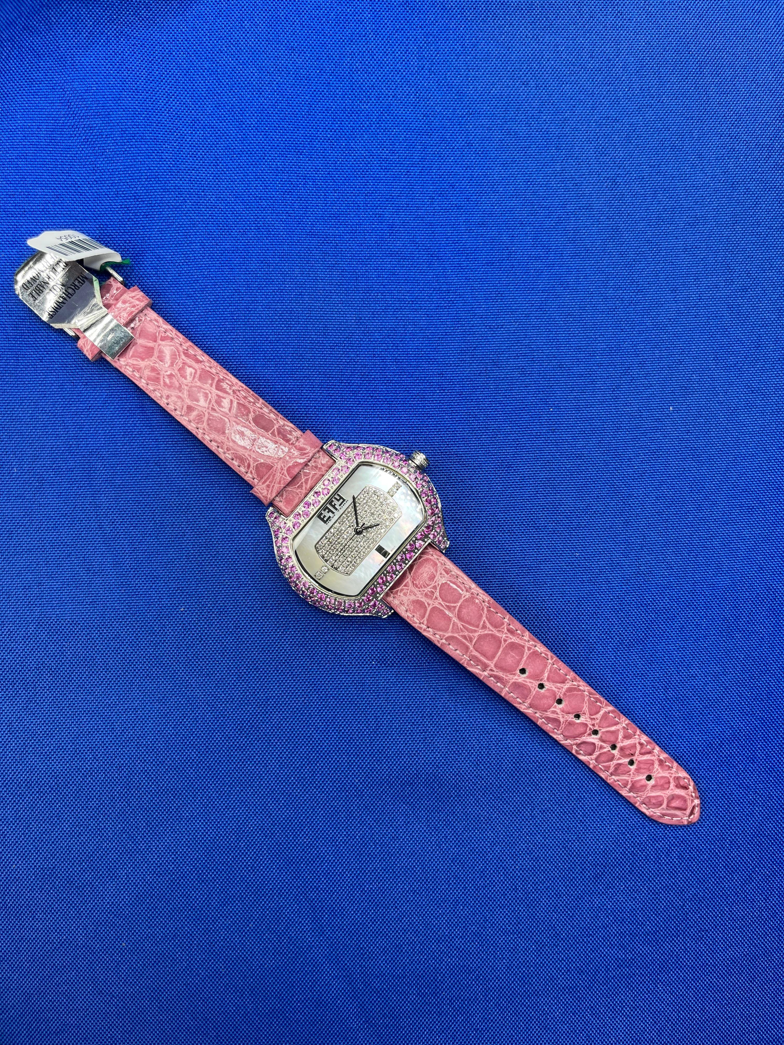 Pink Diamond & Diamonds Pave Dial Luxury Swiss Quartz Exotic Leather Band Watch in vendita 4