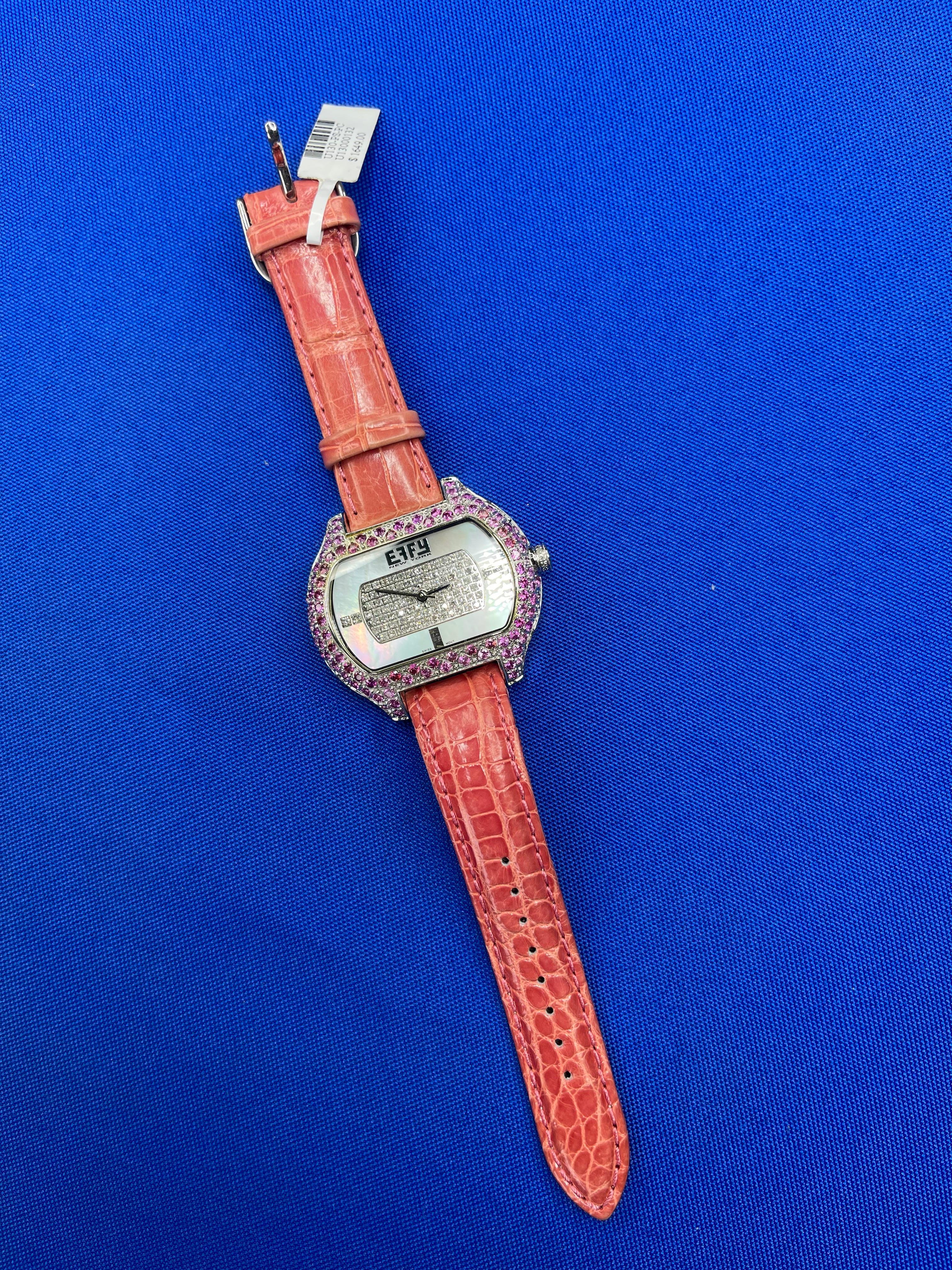 Modern Pink Sapphire & Diamonds Pave Dial Luxury Swiss Quartz Exotic Leather Band Watch For Sale