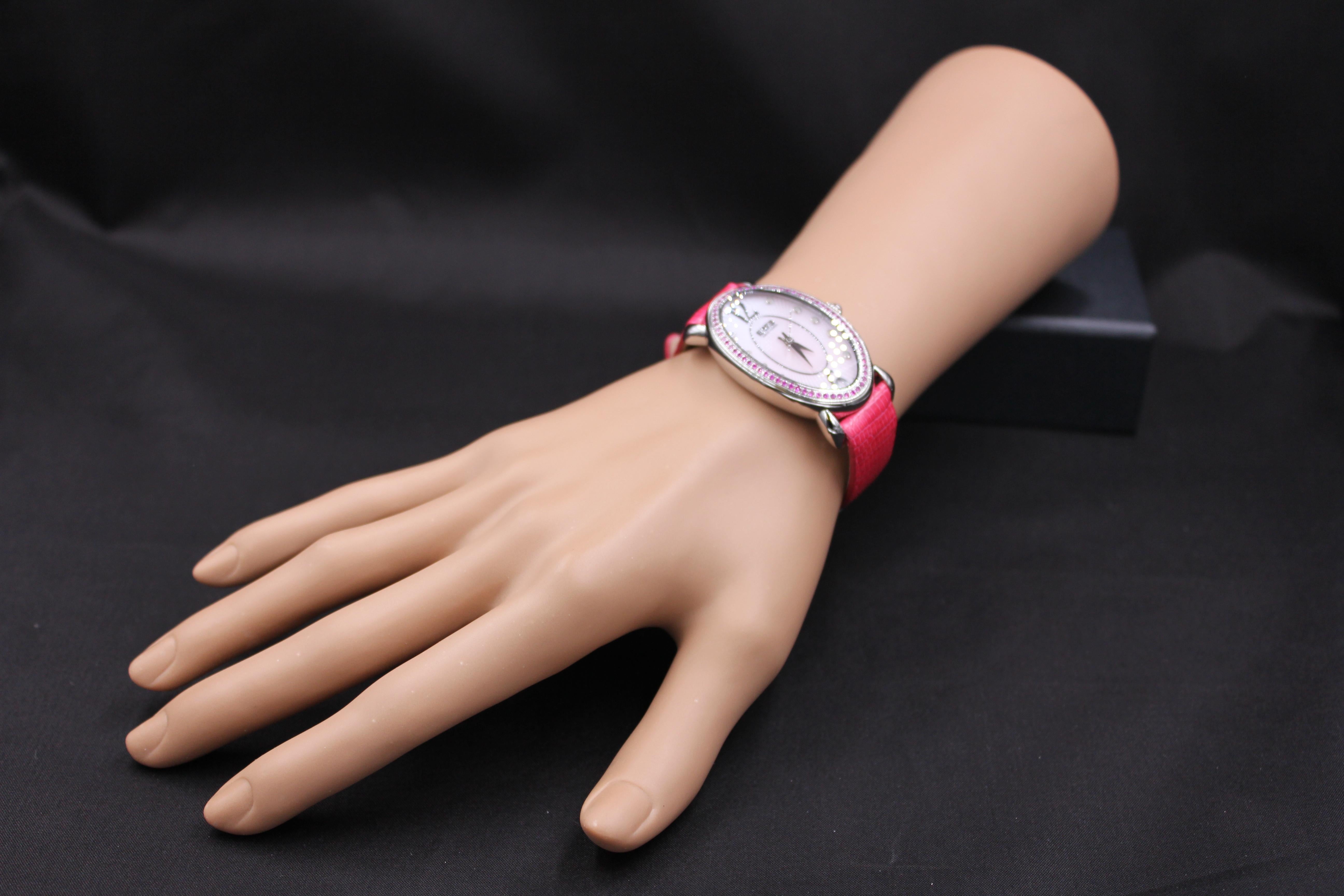 Modern Pink Sapphire Diamonds Pave Dial Luxury Swiss Quartz Exotic Leather Band Watch For Sale