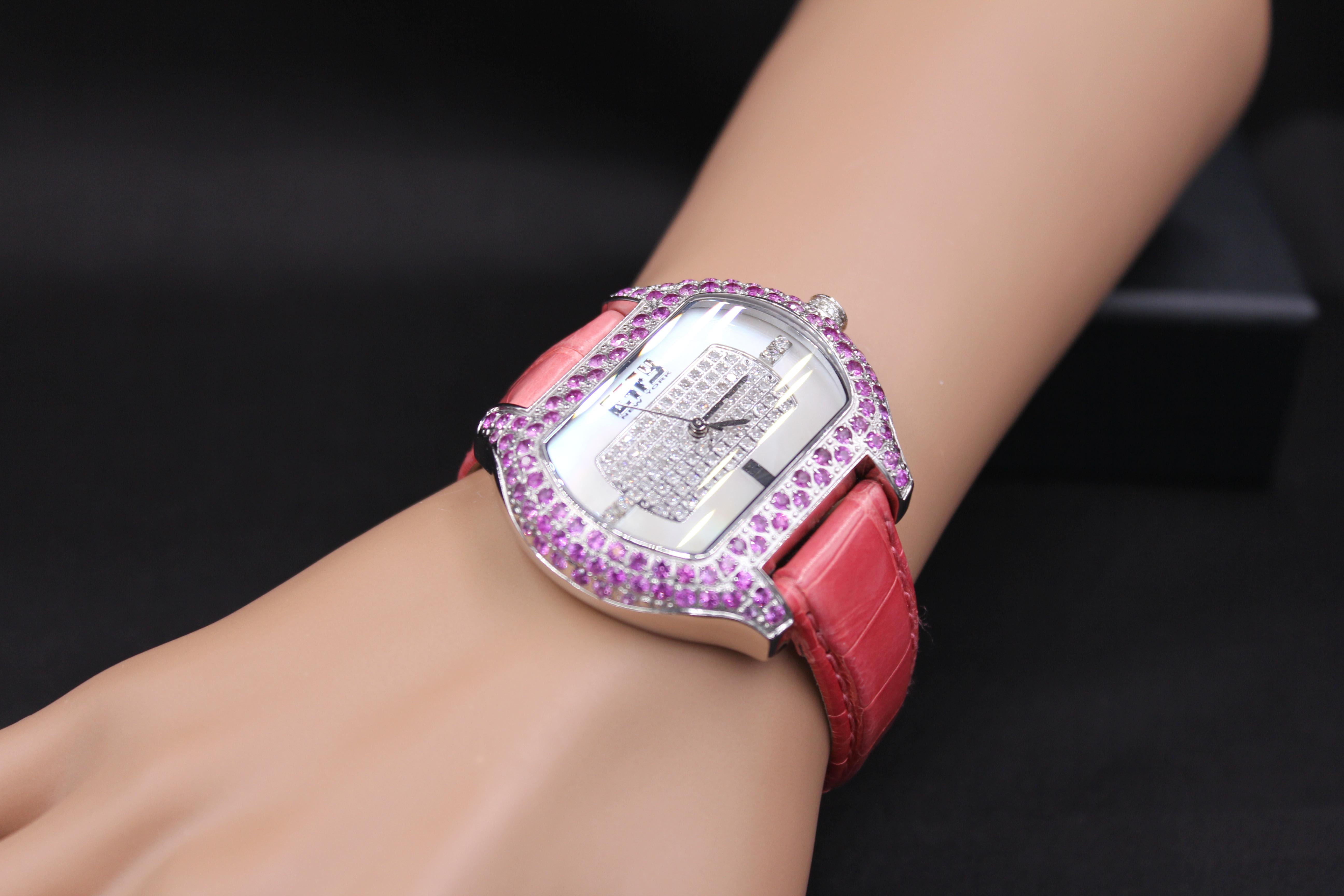 Mixed Cut Pink Sapphire & Diamonds Pave Dial Luxury Swiss Quartz Exotic Leather Band Watch For Sale