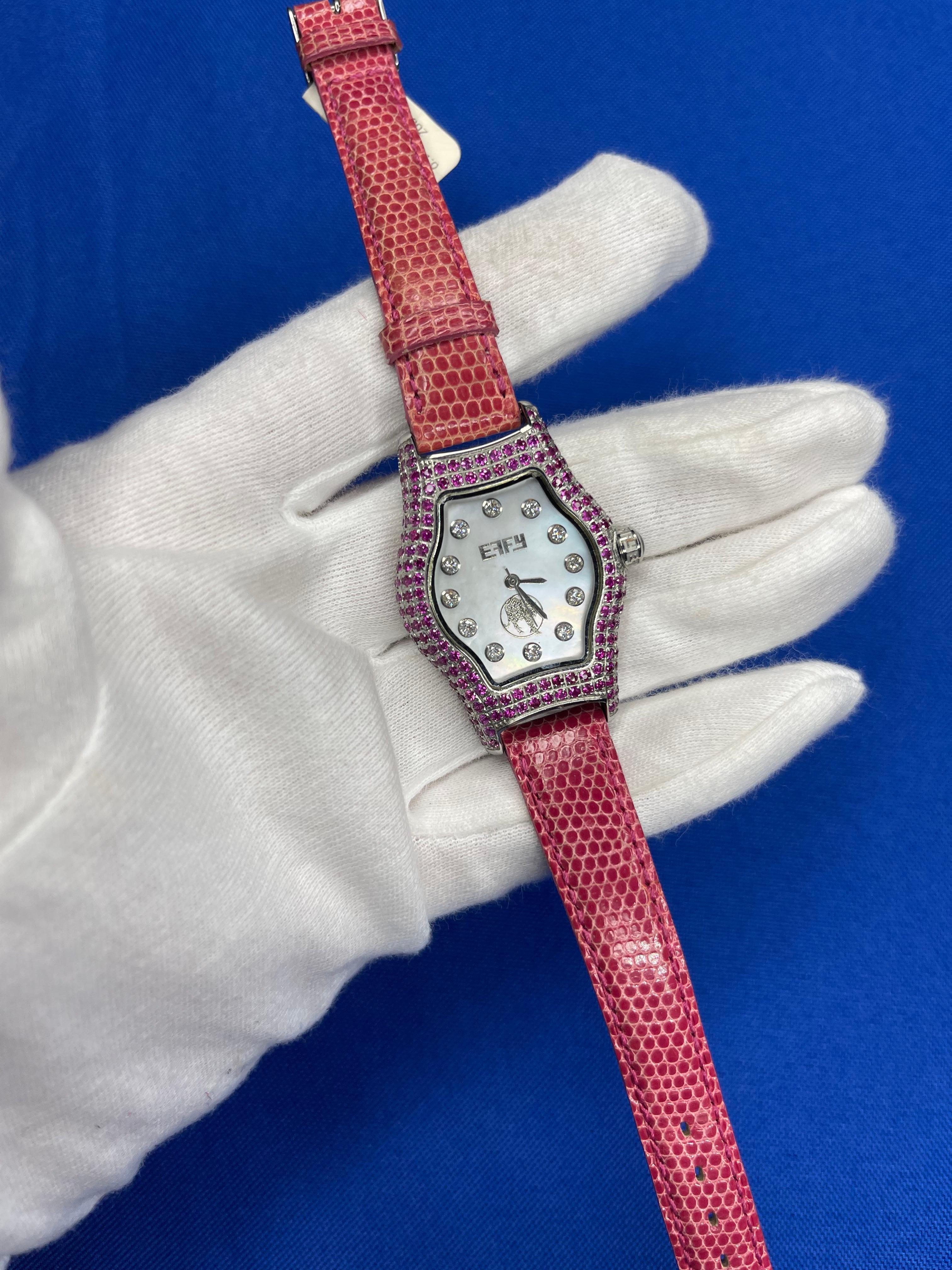 Pink Sapphire & Diamonds Pave Dial Luxury Swiss Quartz Exotic Leather Band Watch In New Condition For Sale In Oakton, VA