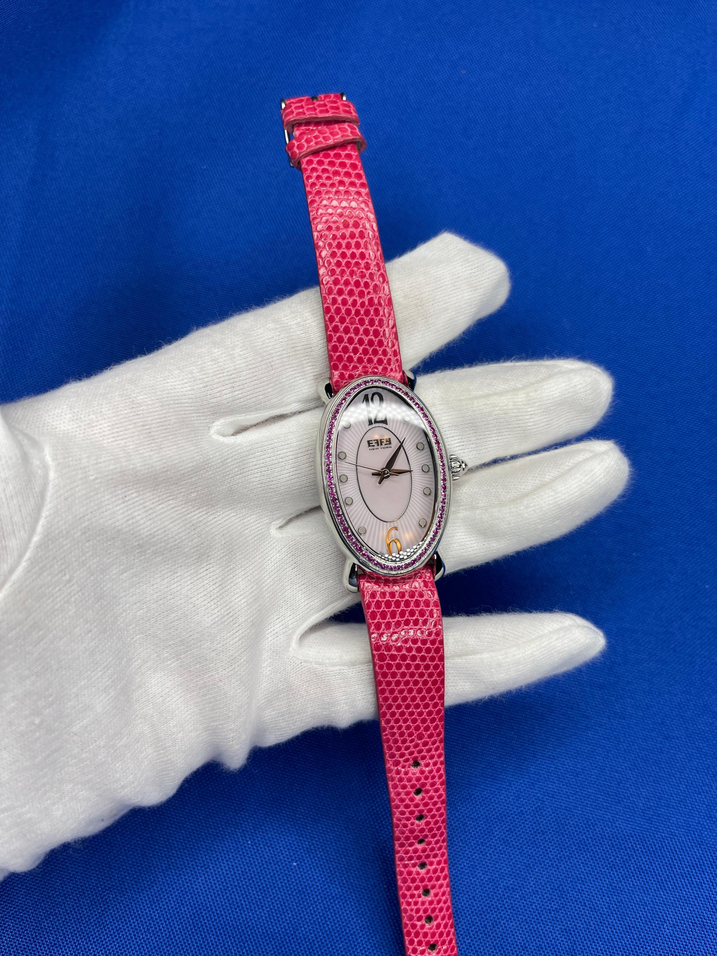 Pink Sapphire Diamonds Pave Dial Luxury Swiss Quartz Exotic Leather Band Watch In New Condition For Sale In Oakton, VA
