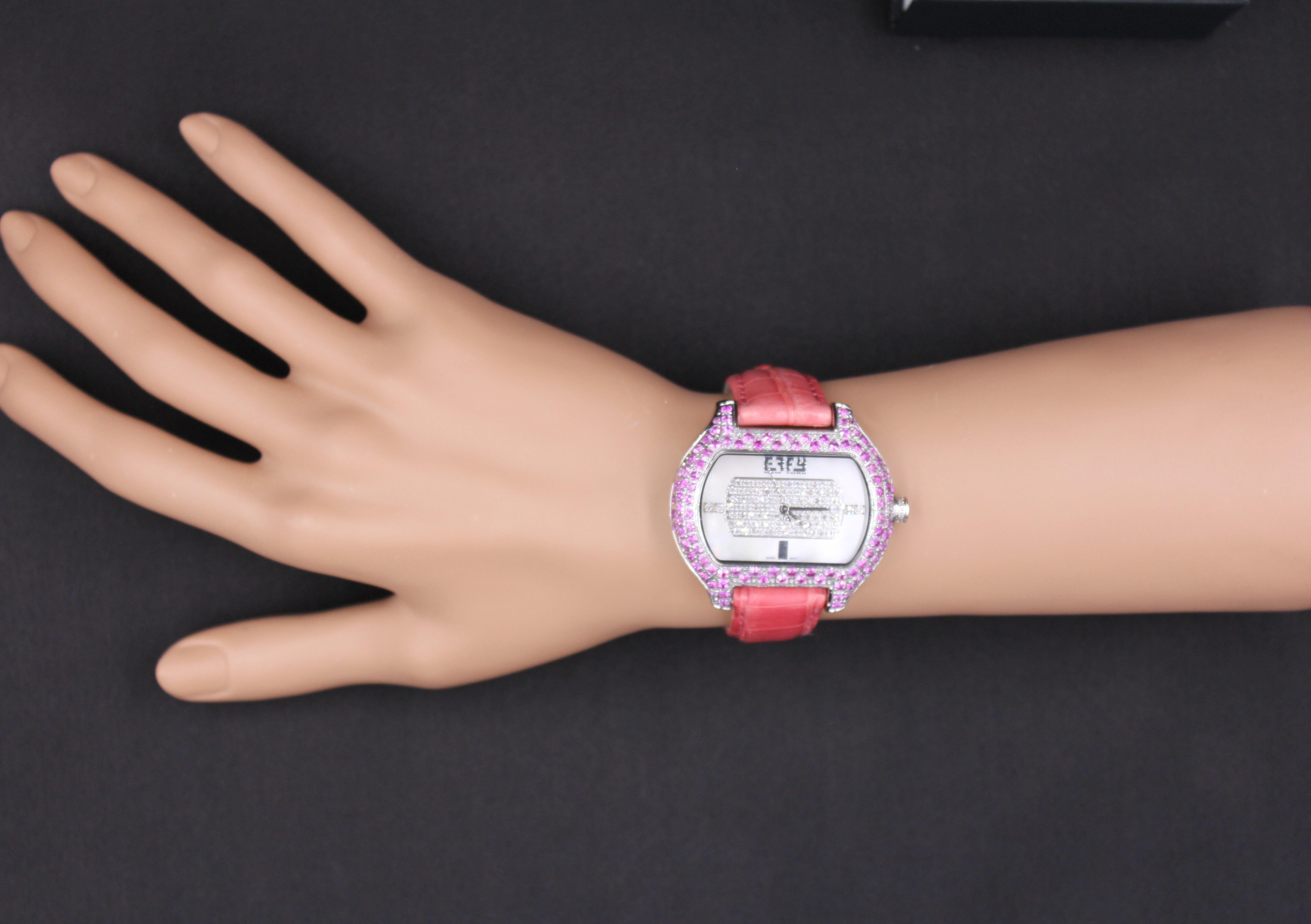 Donna Pink Diamond & Diamonds Pave Dial Luxury Swiss Quartz Exotic Leather Band Watch in vendita