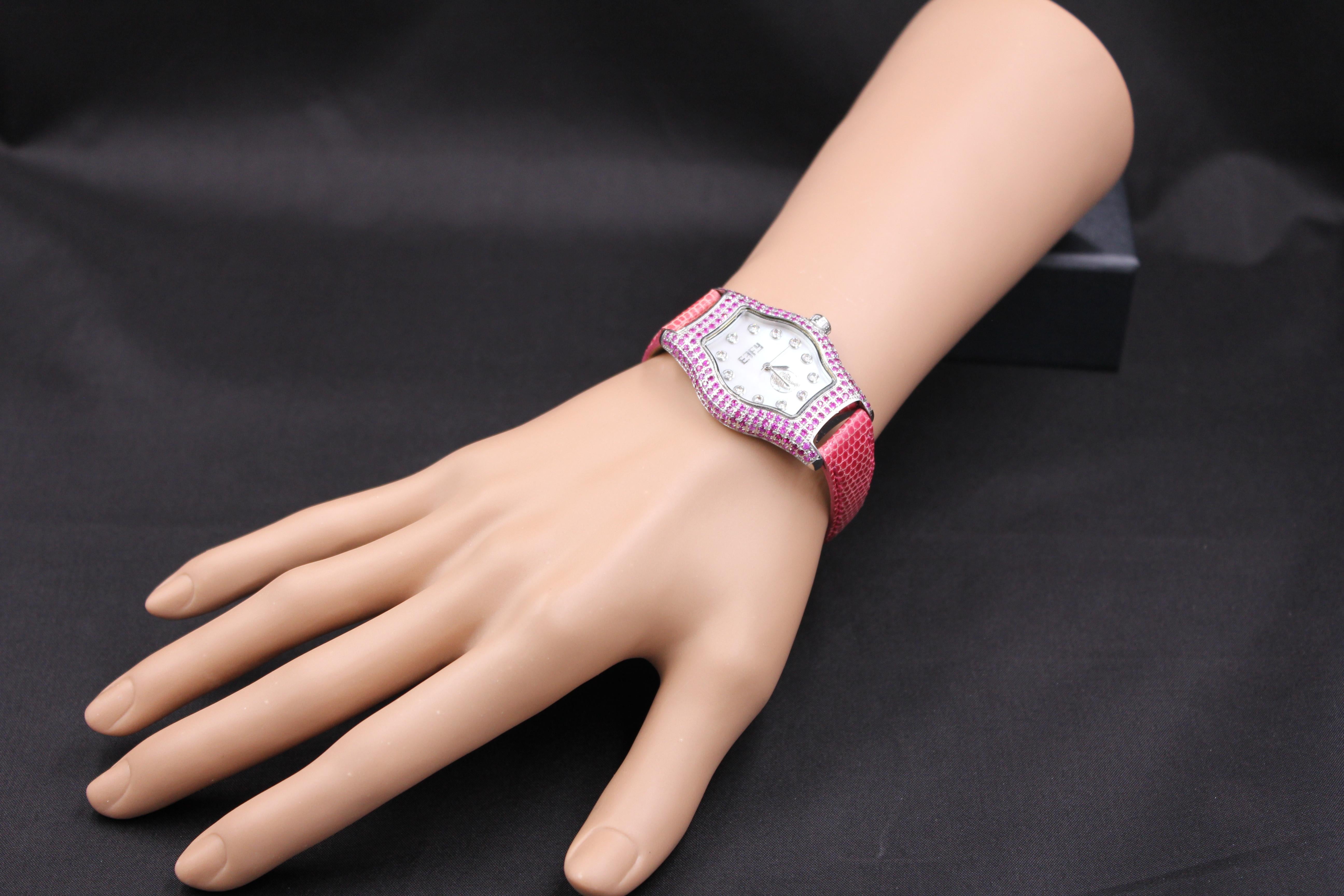 Women's Pink Sapphire & Diamonds Pave Dial Luxury Swiss Quartz Exotic Leather Band Watch For Sale