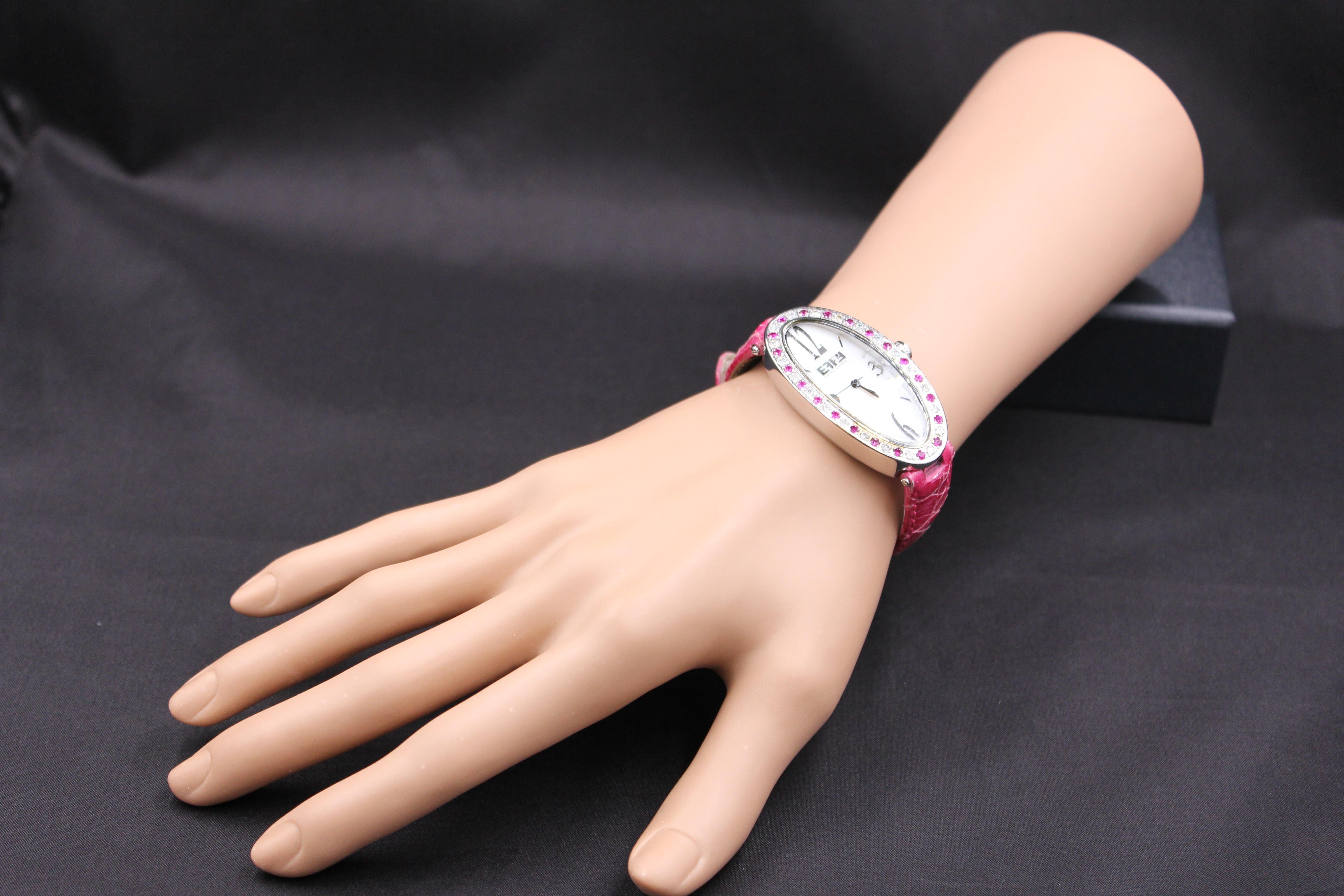 Women's Pink Sapphire Diamonds Pave Dial Luxury Swiss Quartz Exotic Leather Band Watch For Sale