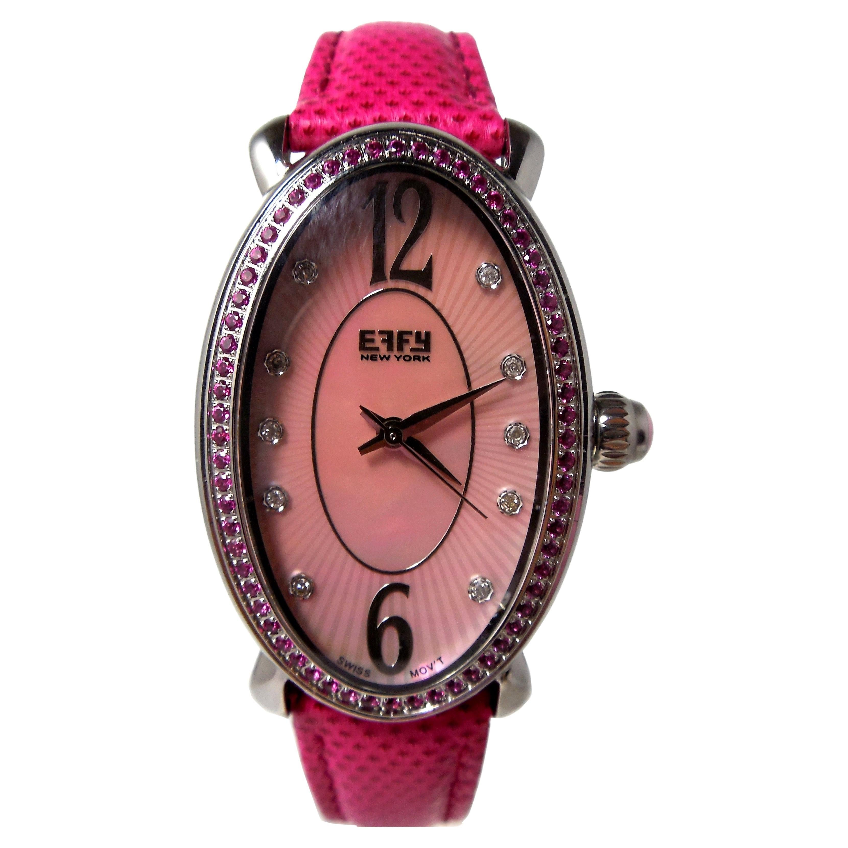Pink Sapphire Diamonds Pave Dial Luxury Swiss Quartz Exotic Leather Band Watch For Sale