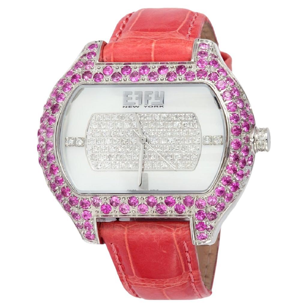 Cadran pav de saphir rose et de diamants Montre de luxe suisse  quartz avec bracelet en cuir exotique en vente