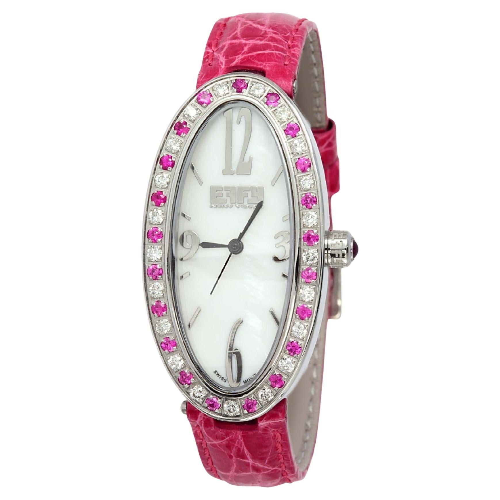 Luxus Schweizer Quarz Exotische Lederbanduhr mit rosa Saphiren und Diamanten, Pavé-Zifferblatt im Angebot