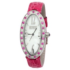 Pink Sapphire Diamonds Pave Dial Luxury Swiss Quartz Exotic Leather Band Watch