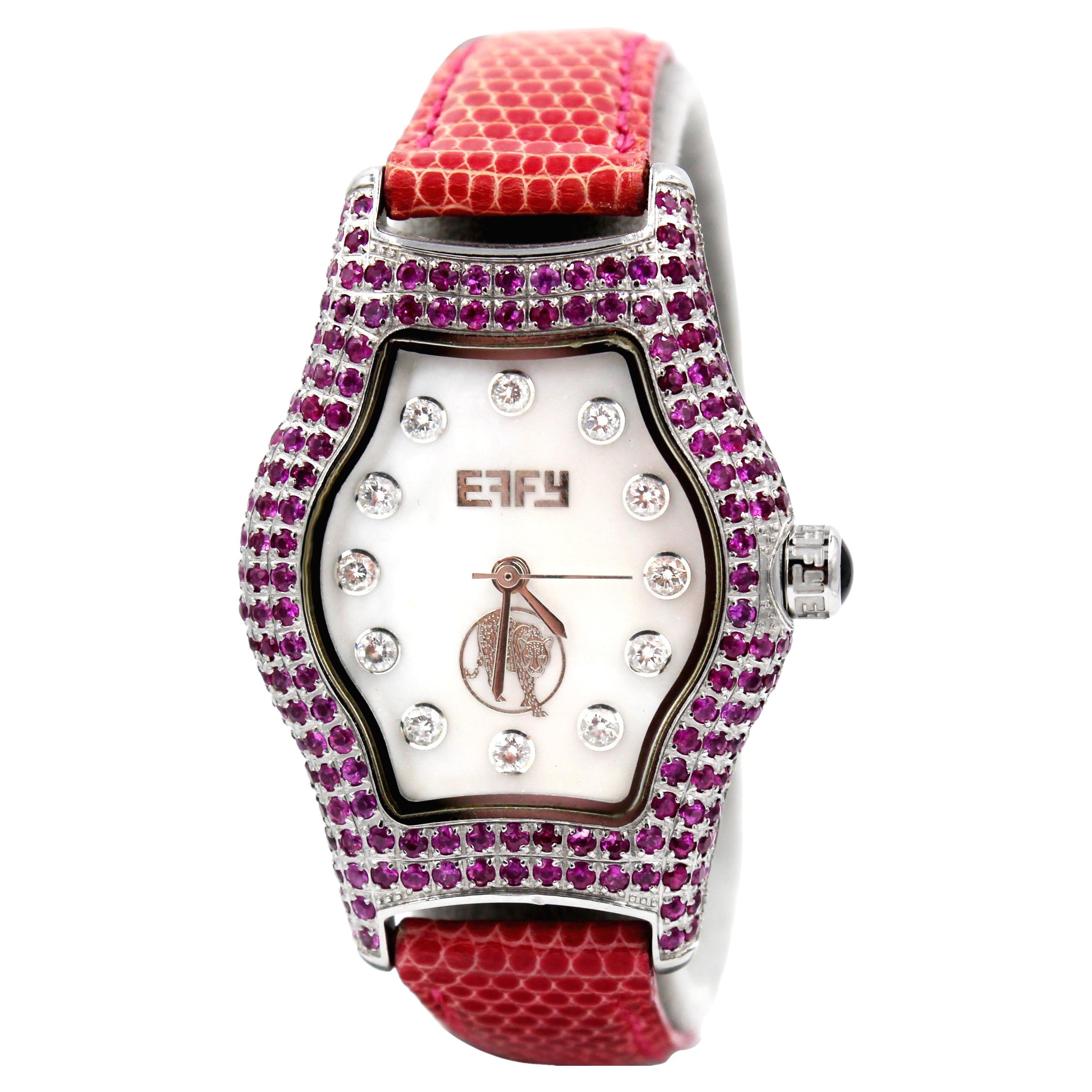 Cadran pavé de saphir rose et de diamants Montre de luxe suisse à quartz avec bracelet en cuir exotique en vente