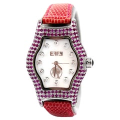 Pink Sapphire & Diamonds Pave Dial Luxury Swiss Quartz Exotic Leather Band Watch