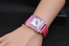Pink Sapphire & Diamonds Pave Dial Luxury Swiss Quartz Exotic Leather Watch