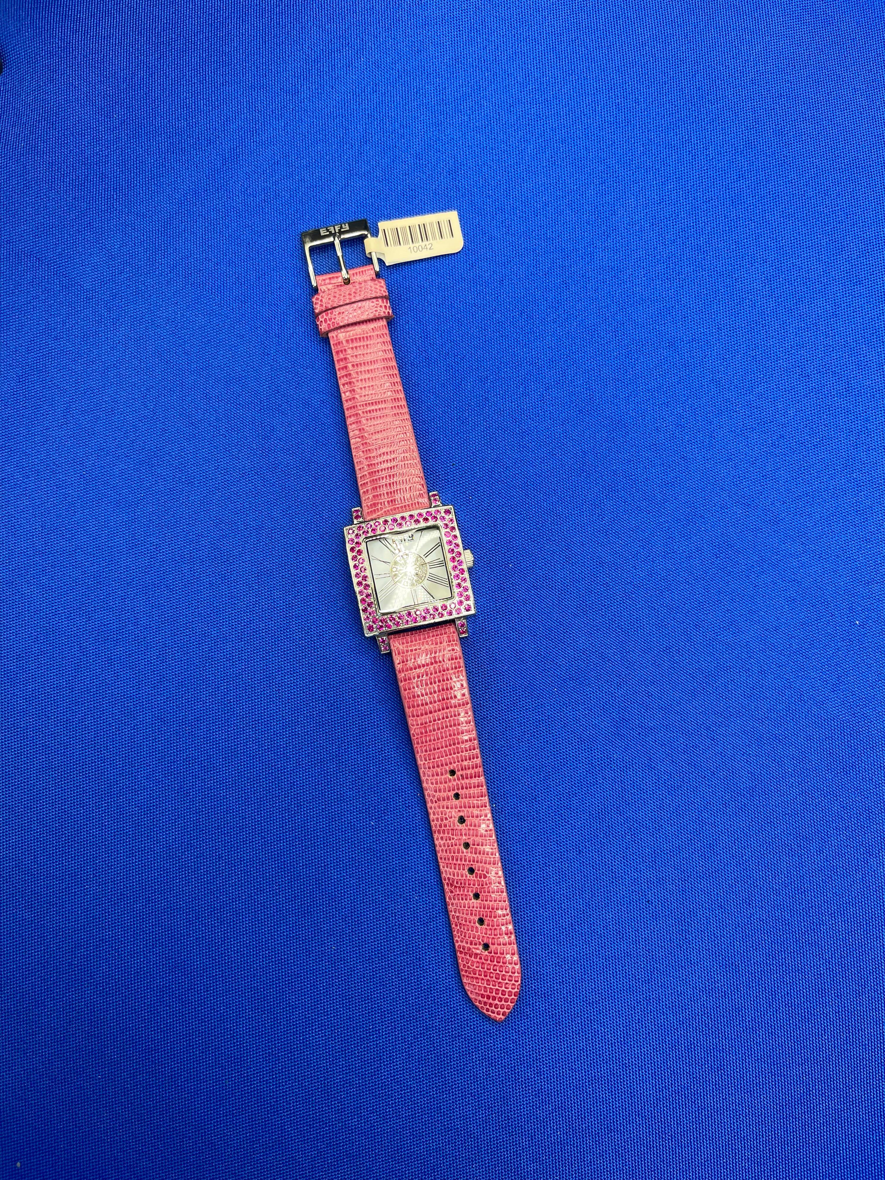 Modern Pink Sapphire & Diamonds Pave Dial Luxury Swiss Quartz Exotic Leather Watch For Sale