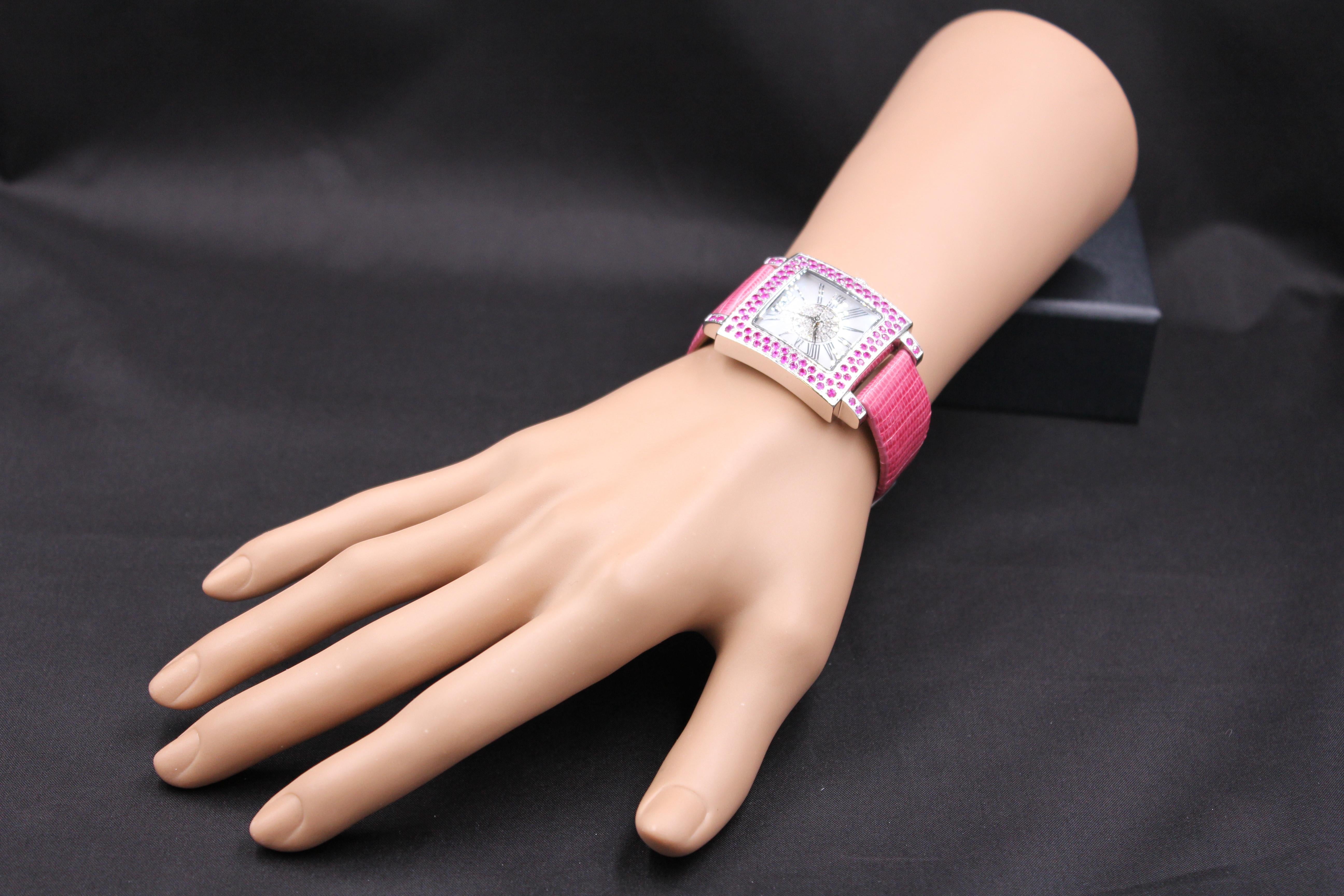 Mixed Cut Pink Sapphire & Diamonds Pave Dial Luxury Swiss Quartz Exotic Leather Watch For Sale