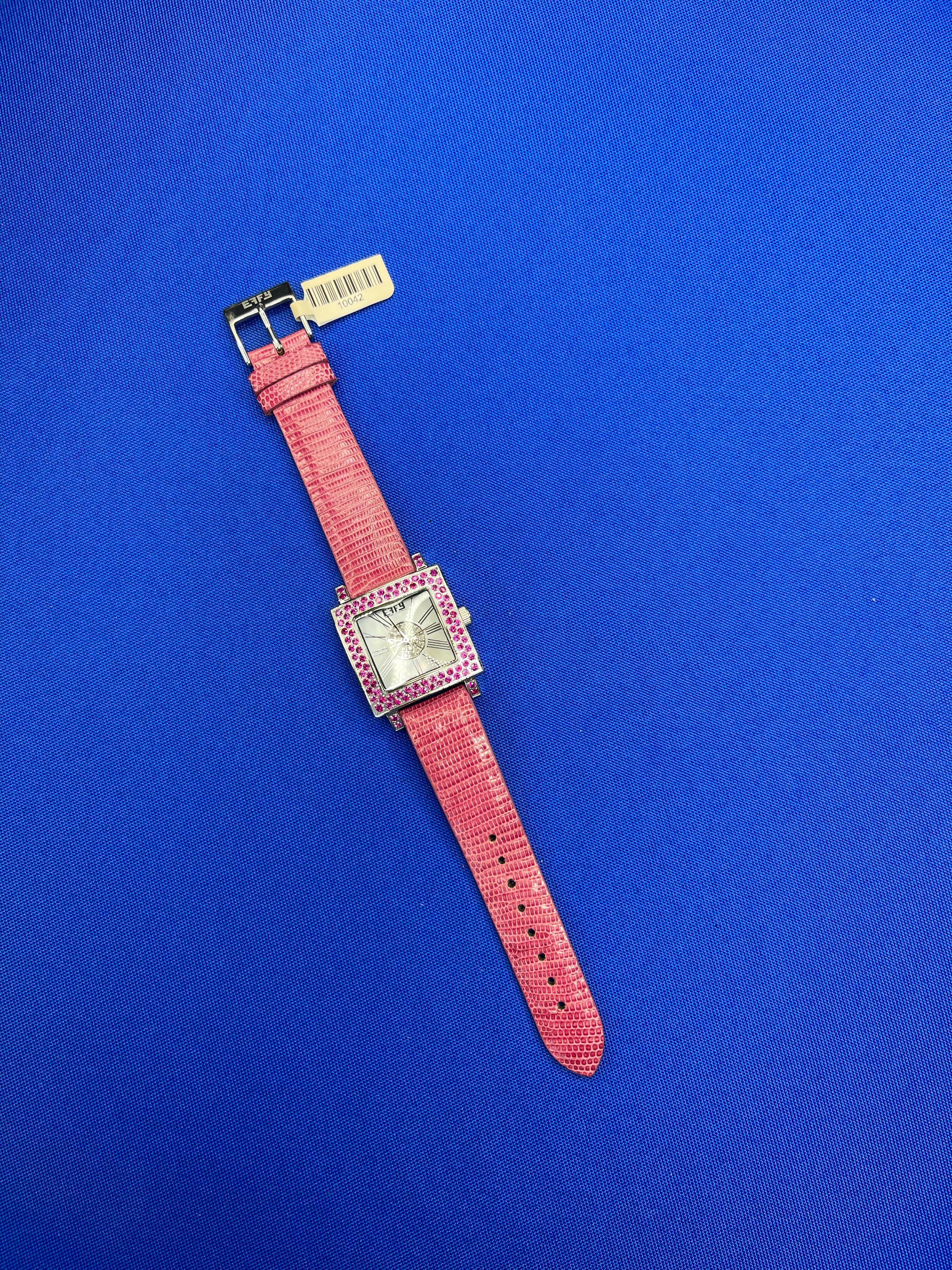 Pink Sapphire & Diamonds Pave Dial Luxury Swiss Quartz Exotic Leather Watch In New Condition For Sale In Oakton, VA