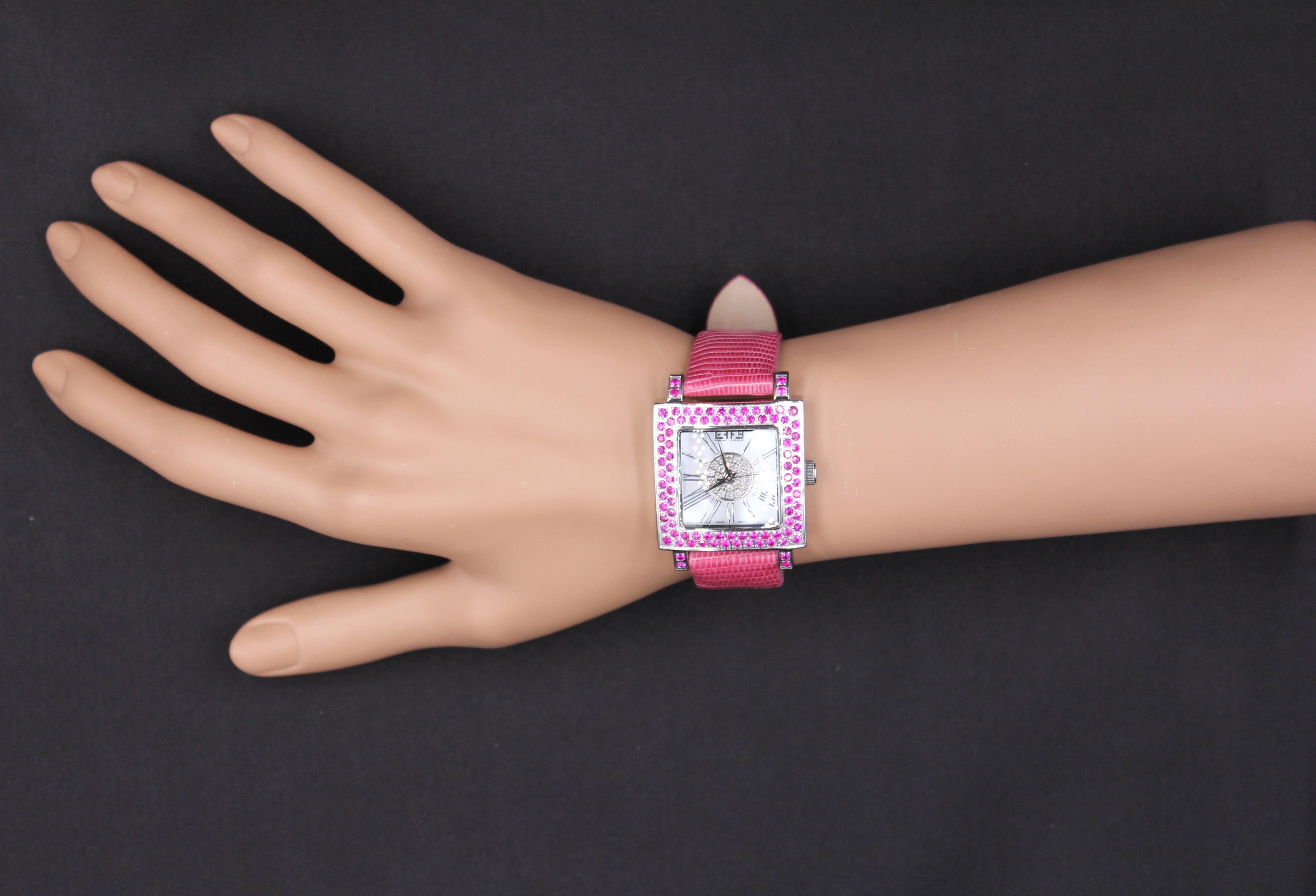 Women's Pink Sapphire & Diamonds Pave Dial Luxury Swiss Quartz Exotic Leather Watch For Sale