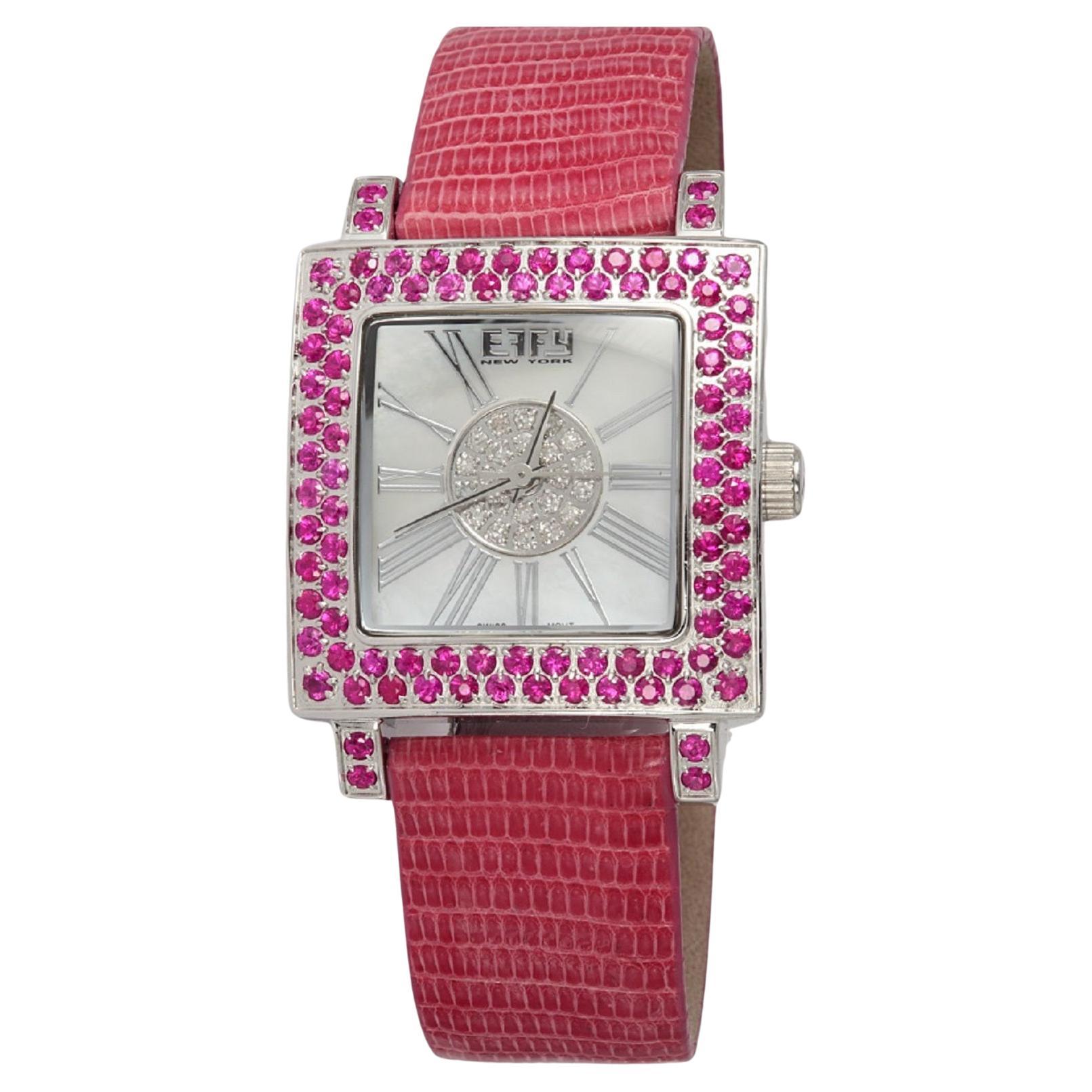Pink Sapphire & Diamonds Pave Dial Luxury Swiss Quartz Exotic Leather Watch For Sale