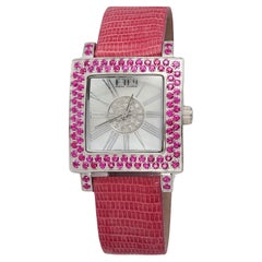 Pink Sapphire & Diamonds Pave Dial Luxury Swiss Quartz Exotic Leather Watch
