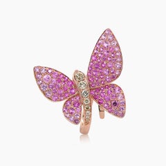 Pink Saphir & Diamanten Perle Pave Schmetterling Süß 18K Rose Gold Tier Ring