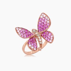 Zafiro rosa y diamantes Perla pavé Mariposa Dulce Anillo de animales de oro rosa de 18 quilates