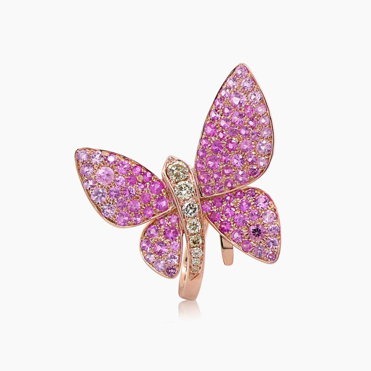 Mixed Cut Pink Sapphire & Diamonds Pearl Pave Butterfly Sweet 18K Rose Gold Animal Ring For Sale