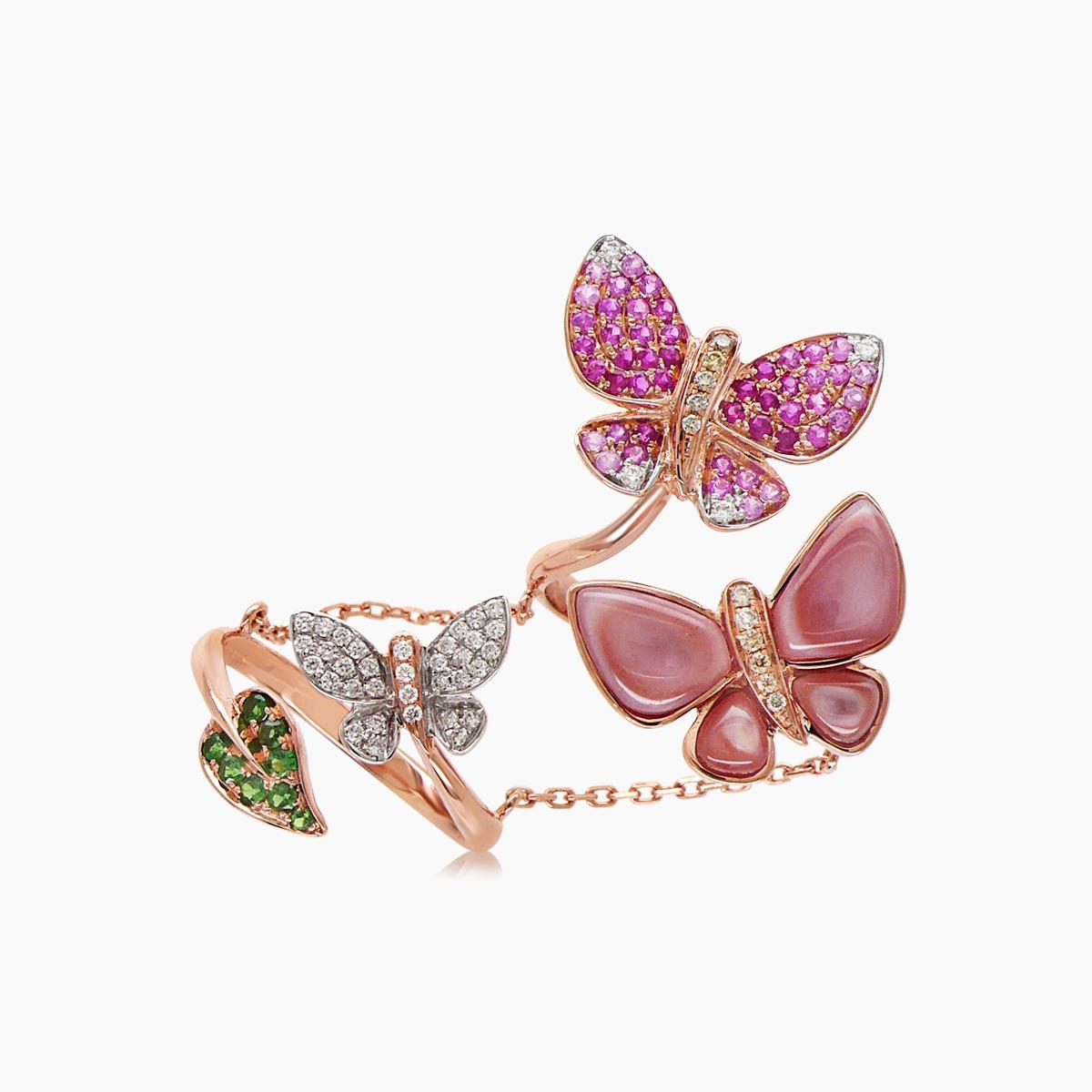 Mixed Cut Pink Sapphire & Diamonds Pearl Pave Butterfly Sweet 18K Rose Gold Animal Ring For Sale