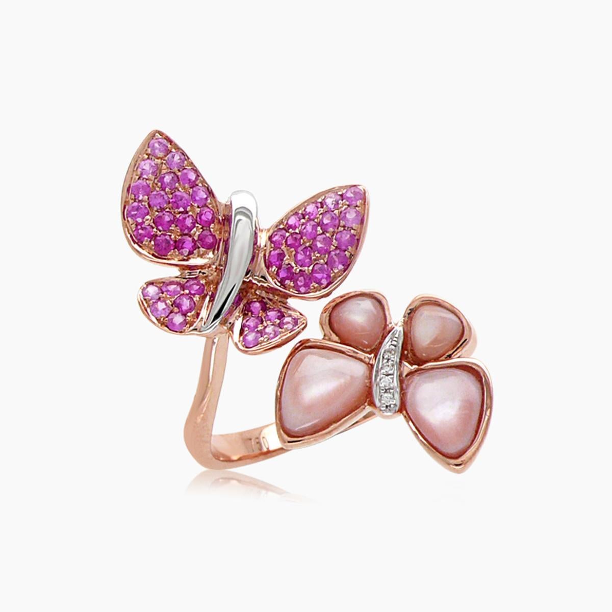 Mixed Cut Pink Sapphire & Diamonds Pearl Pave Butterfly Sweet 18K Rose Gold Animal Ring For Sale