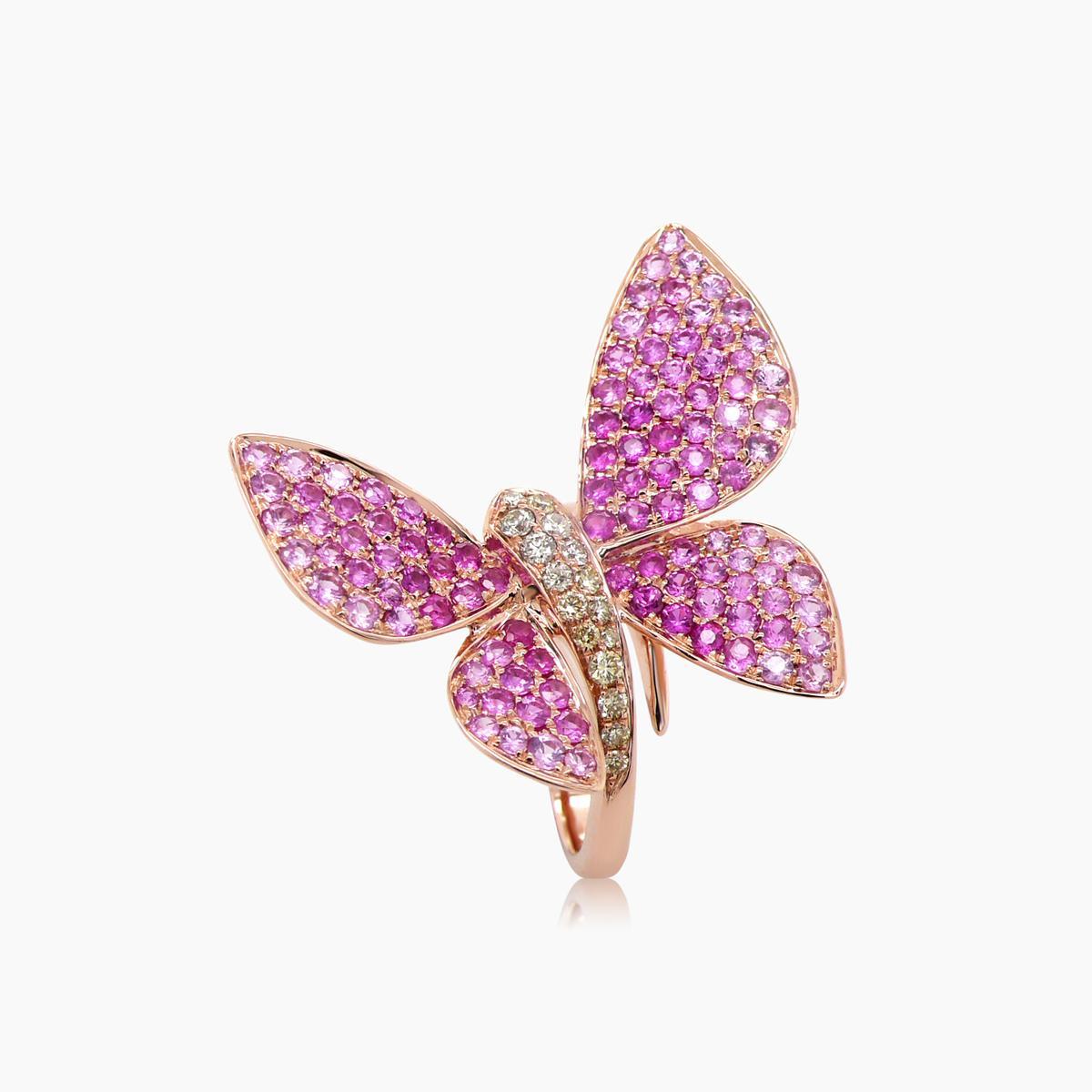 Pink Sapphire & Diamonds Pearl Pave Butterfly Sweet 18K Rose Gold Animal Ring In New Condition For Sale In Oakton, VA